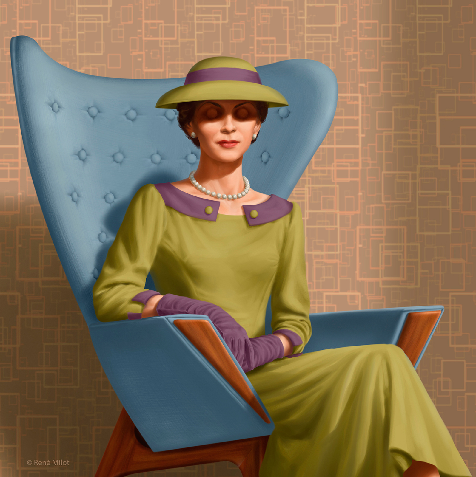 Optical illusion, retro illustration of a woman whose eye lids resemble the buttons on an upholstered couch.