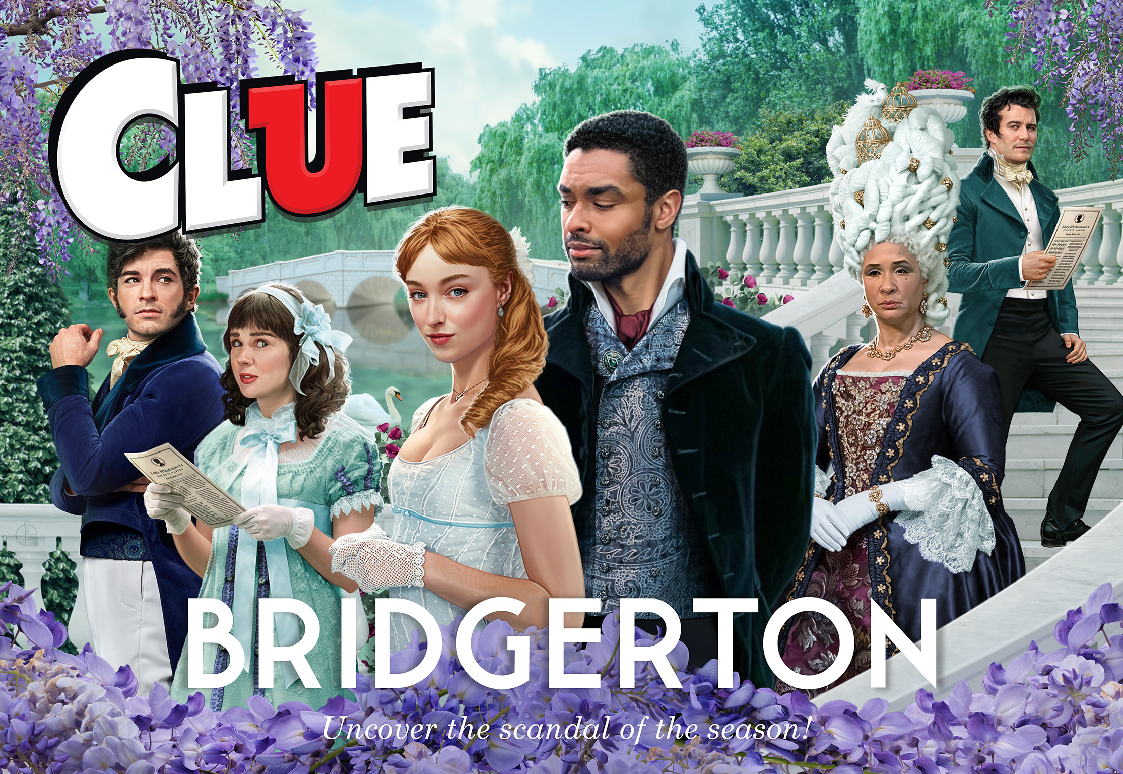 Game  box cover Illustration for Hasbro's iconic Clue game based on the popular Bridgerton series on Netflix. Concept: Capture the feel and tone of the series as well as the air of suspicion while highlighting 6 of the series' most popular characters.