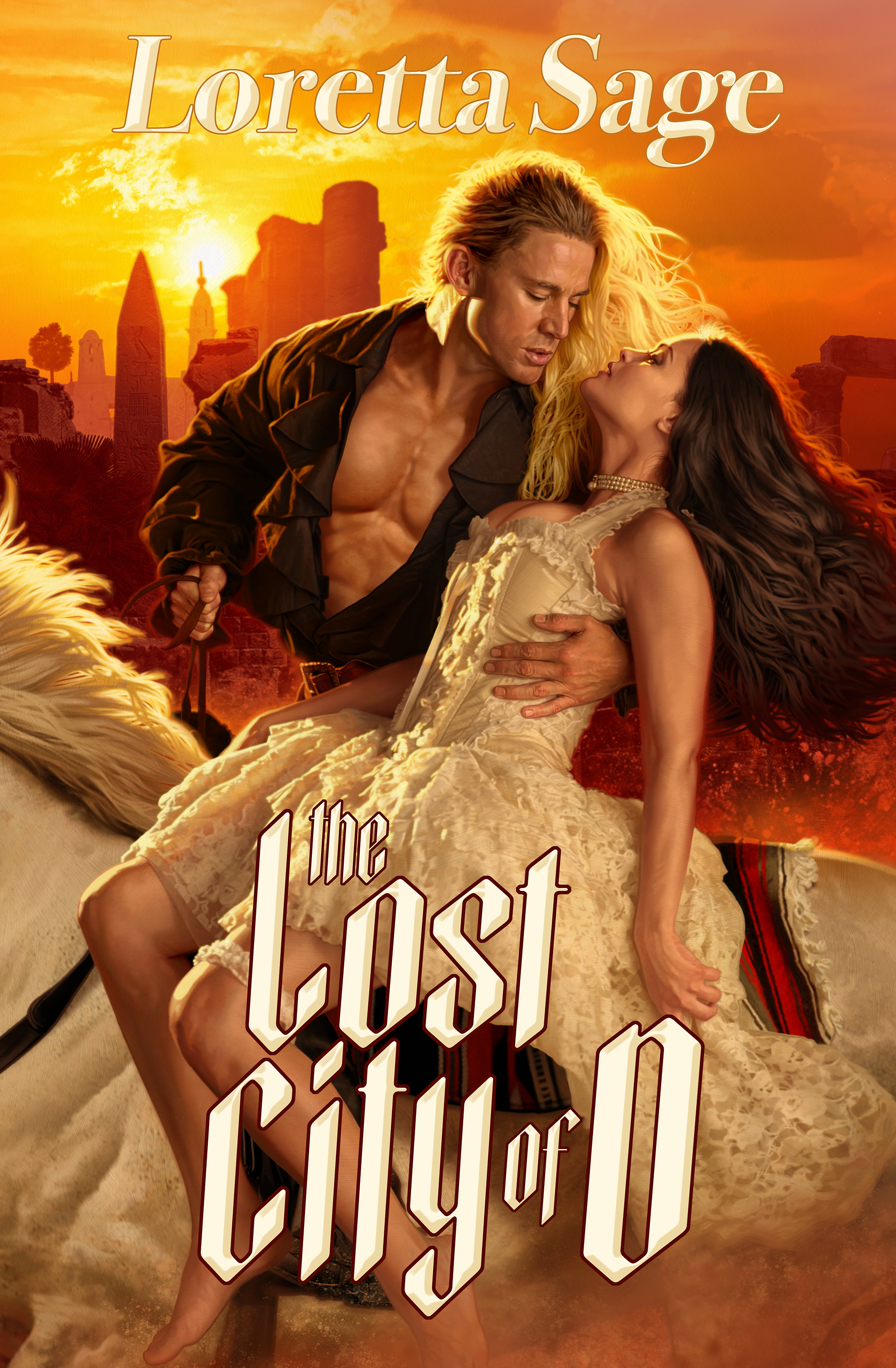 On camera art for the Paramount Pictures movie, The Lost City. Concept: Create romance novel cover art for the fictional author Loretta Sage (Sandra Bullock) depicting Fabio-like model (Channing Tatum) saving beautiful woman.