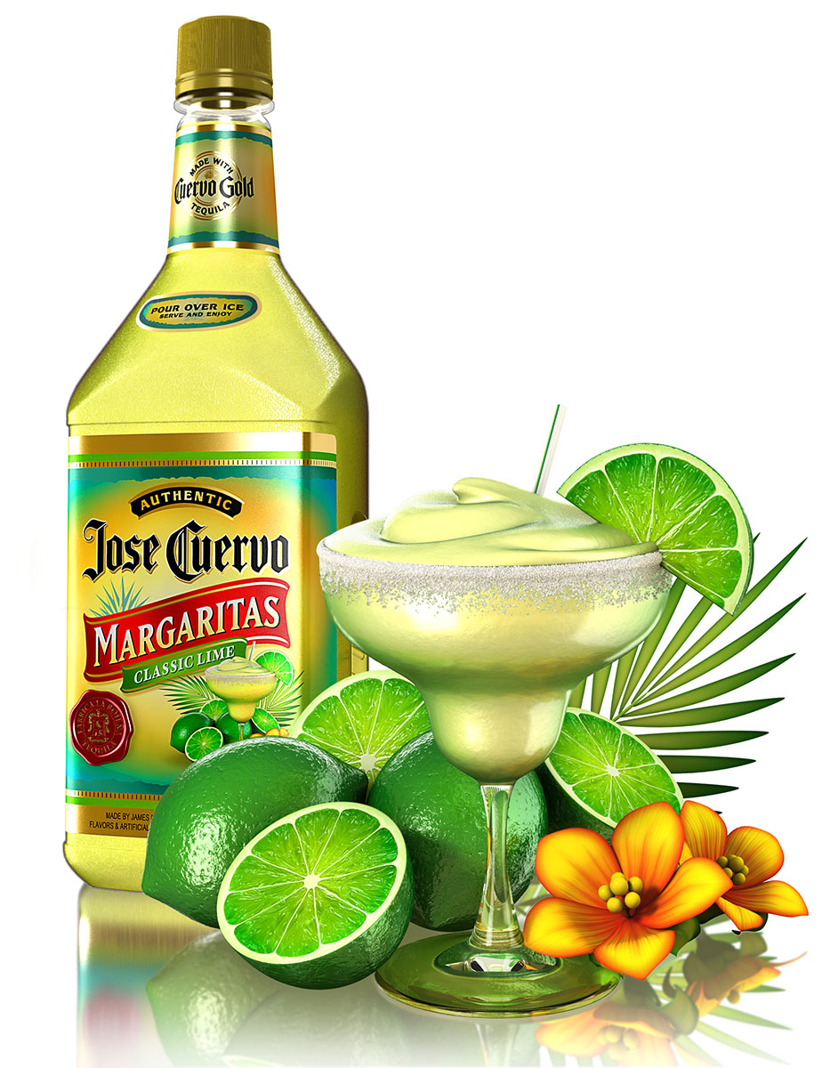 Jose Cuervo Margarita bottle with margarita, limes, and flowers.
