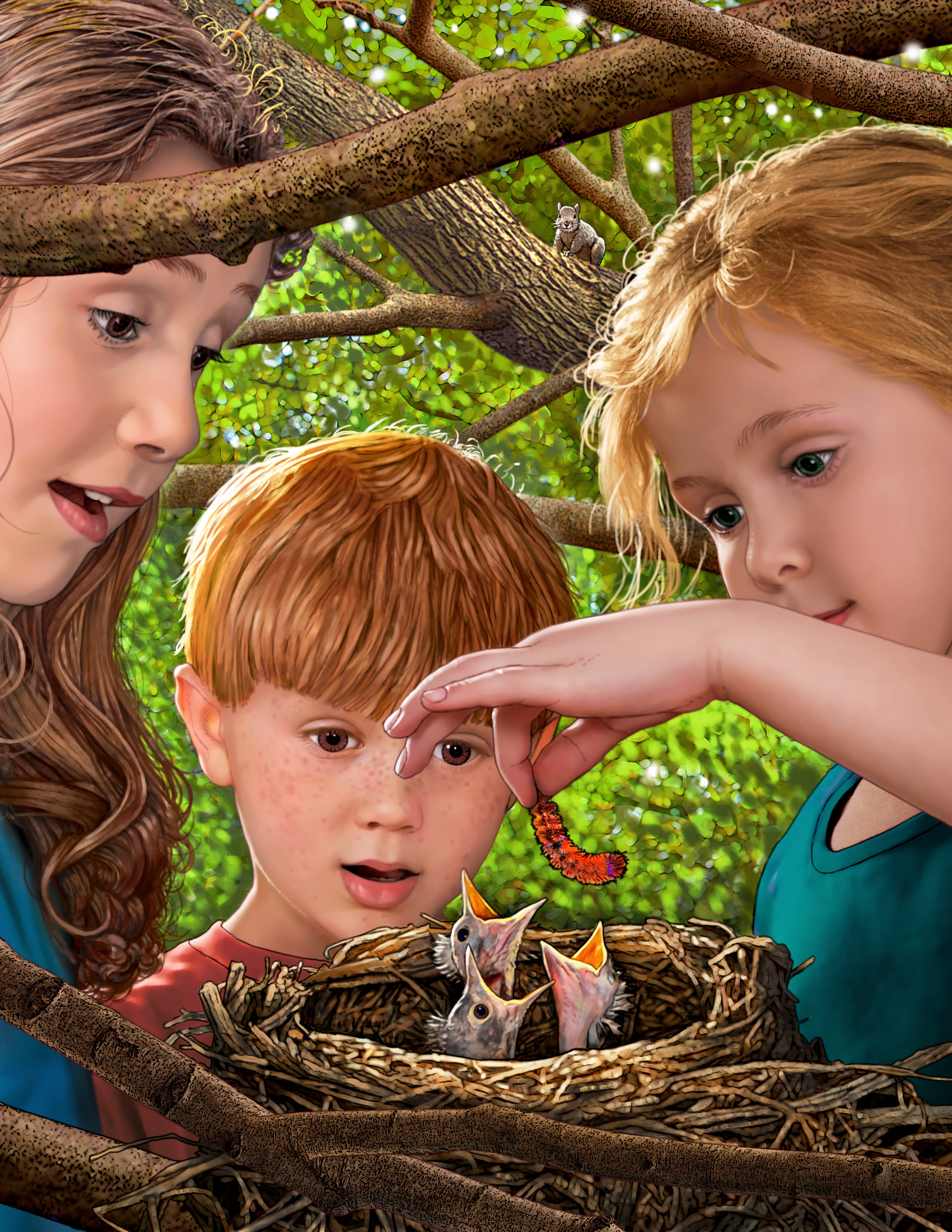 3 Children Feeding Chicks in Nest