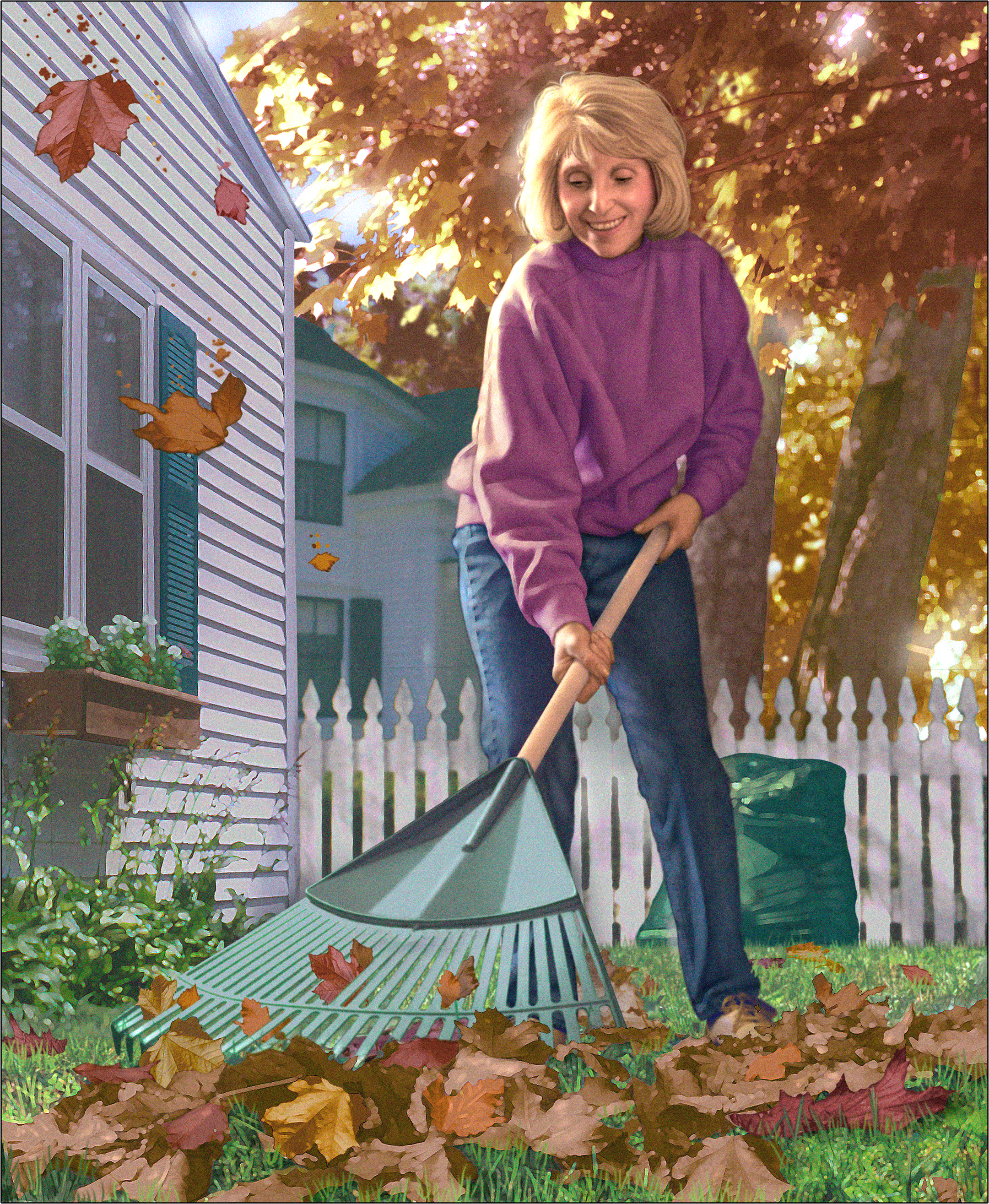 Sun dappled and happy, a woman rakes her leaves, the old fashioned way.