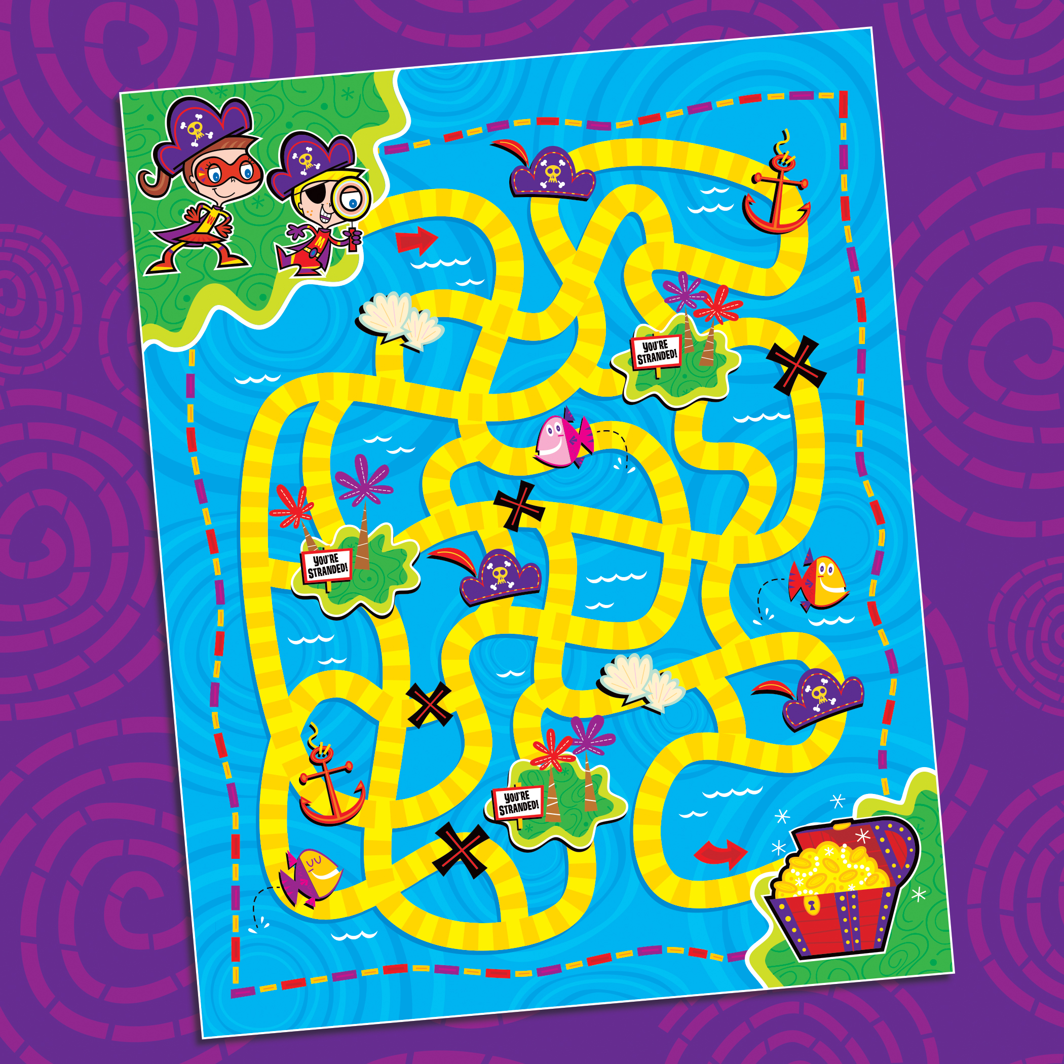 Humorous cartoon character illustrations for treasure map featuring a treasure chest, pirates, fish, islands and anchor.