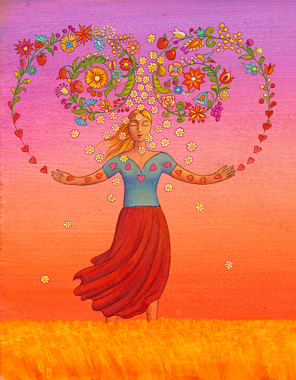 Stefano Vitale illustration of a woman celebrating in a field of hearts and flowers