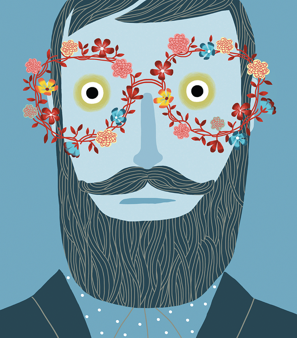 Portrait, Hipster, Man, Glasses, Flowers, Spring, Beard, Mustache. 