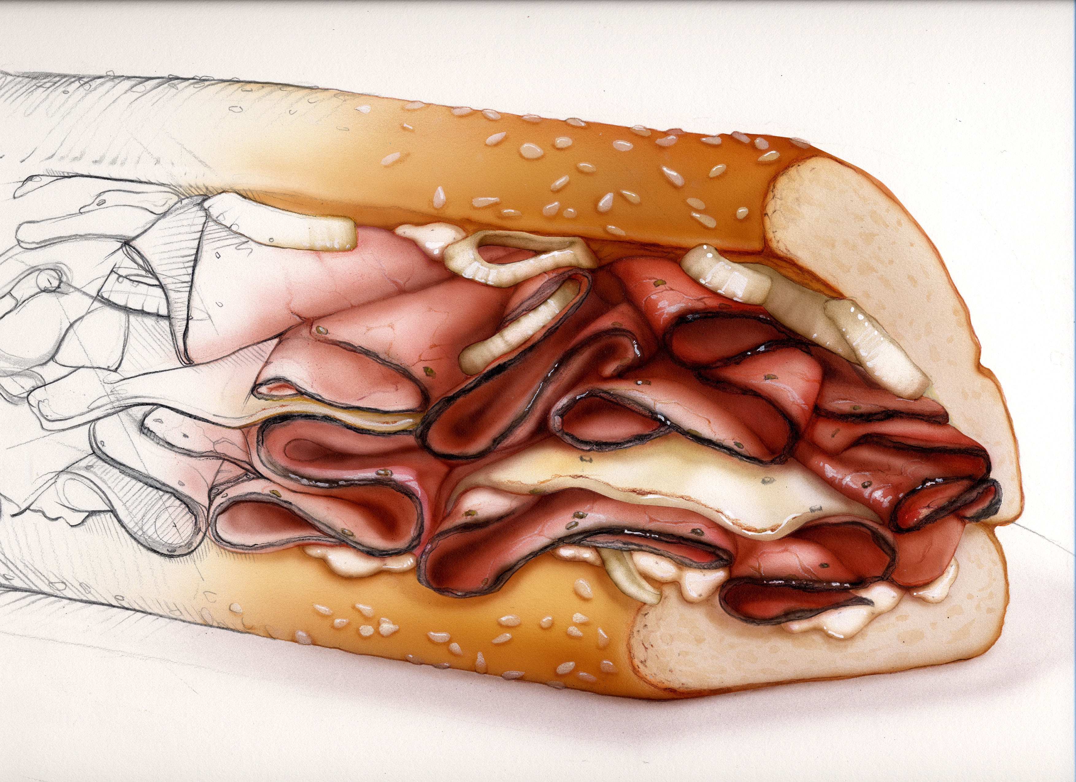©Bonnie Hofkin. Airbrush and line for Quiznos retail sandwich promotion series.