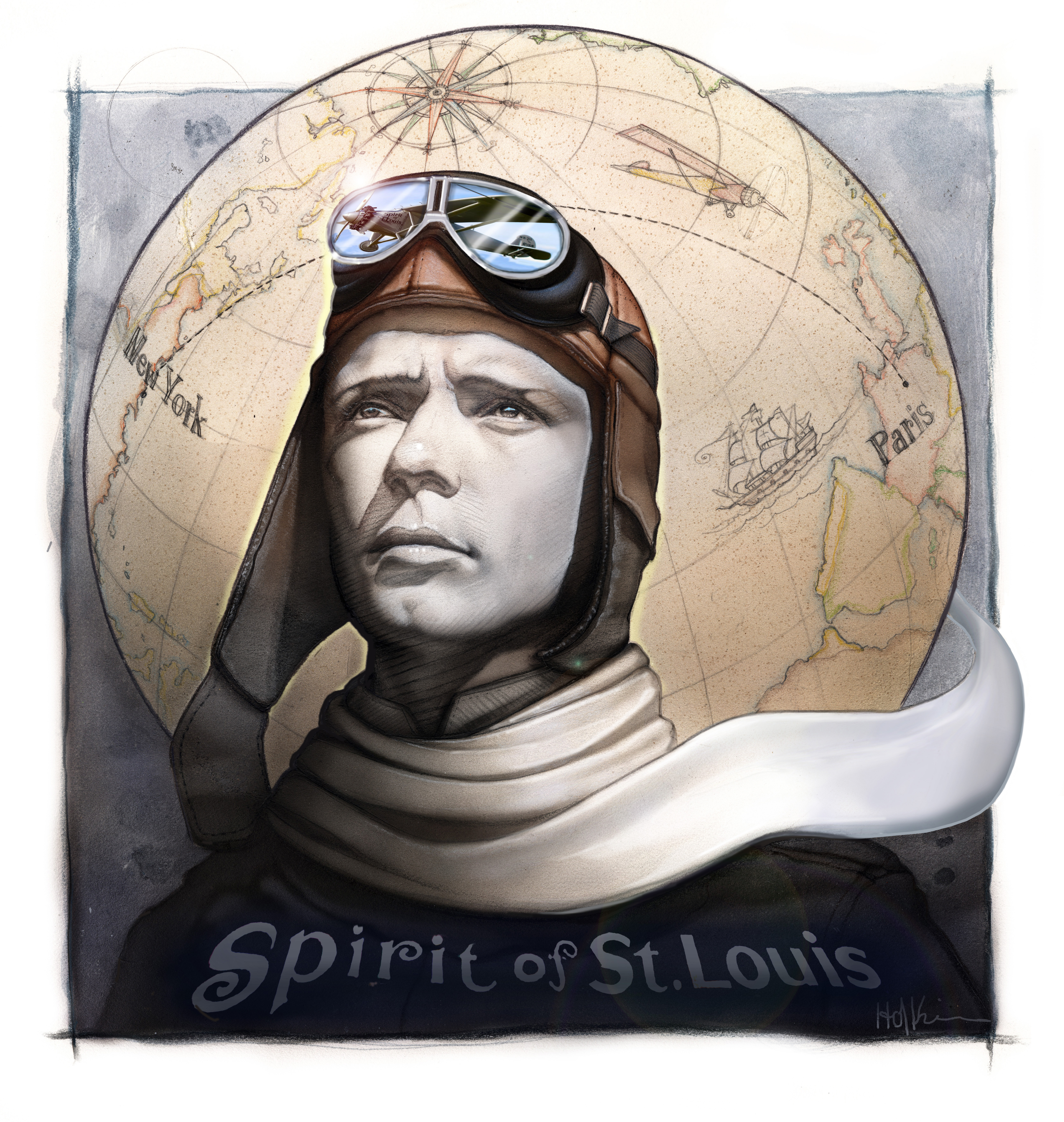 ©Bonnie Hofkin 2017. Mixed media in subtle palette of the famed pioneering pilot Charles Lindbergh and his Spirit of St. Louis airplane.
