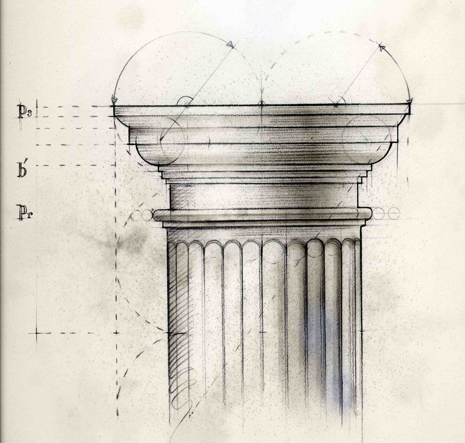 ©Bonnie Hofkin. Da Vinci-inspired monochromatic rendering of classic column portion.