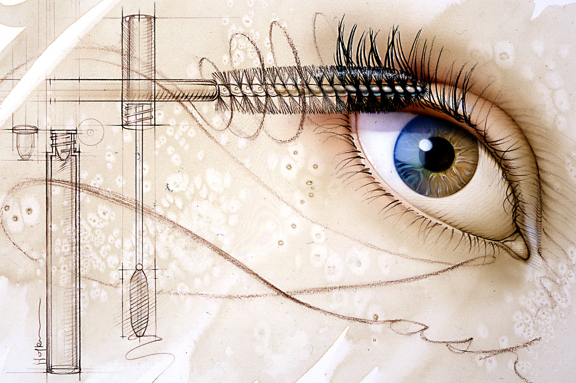 ©Bonnie Hofkin. Airbrush and line. Eyelash mascara cosmetic application and product in technical-medical style.