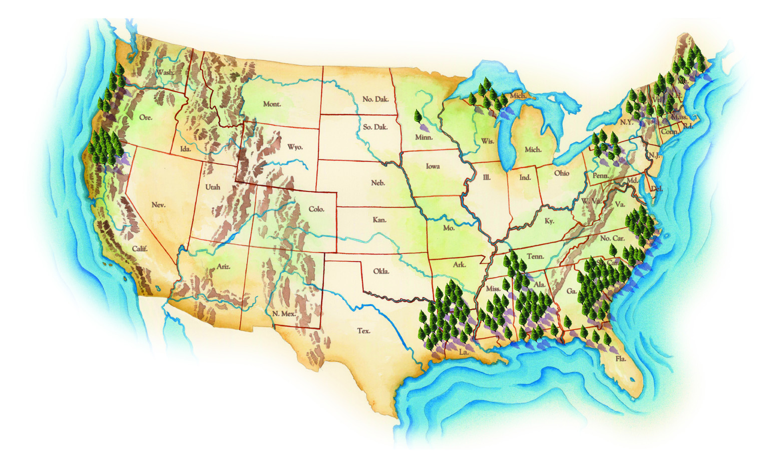 ©Tony De Luz. Watercolor depicting corporate forestry regions for Counterpart's International Paper Inc. client.