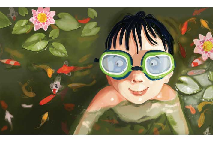 Boy swimming in the koi pond