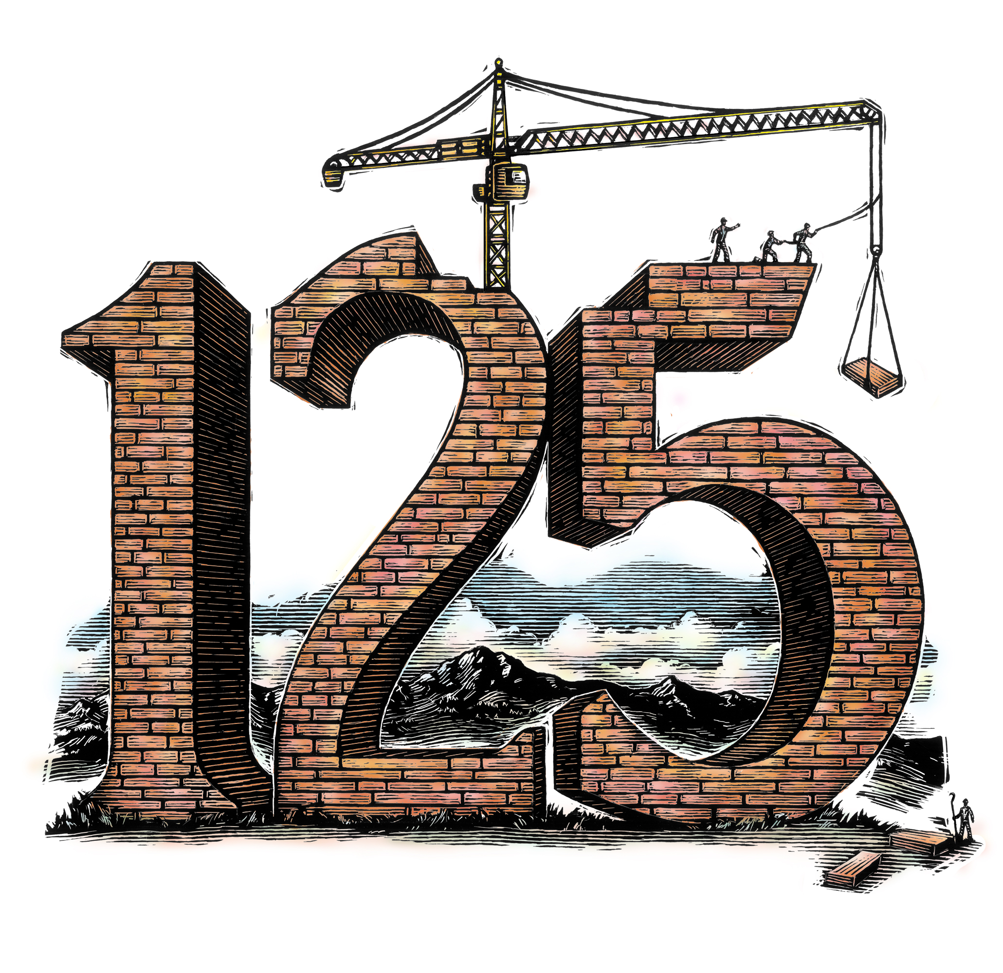 ©Ken Perkins. Scratchboard art of symbolic brick lettering re University of Denver Strum law school anniversary for Denver Law magazine 2017 cover.