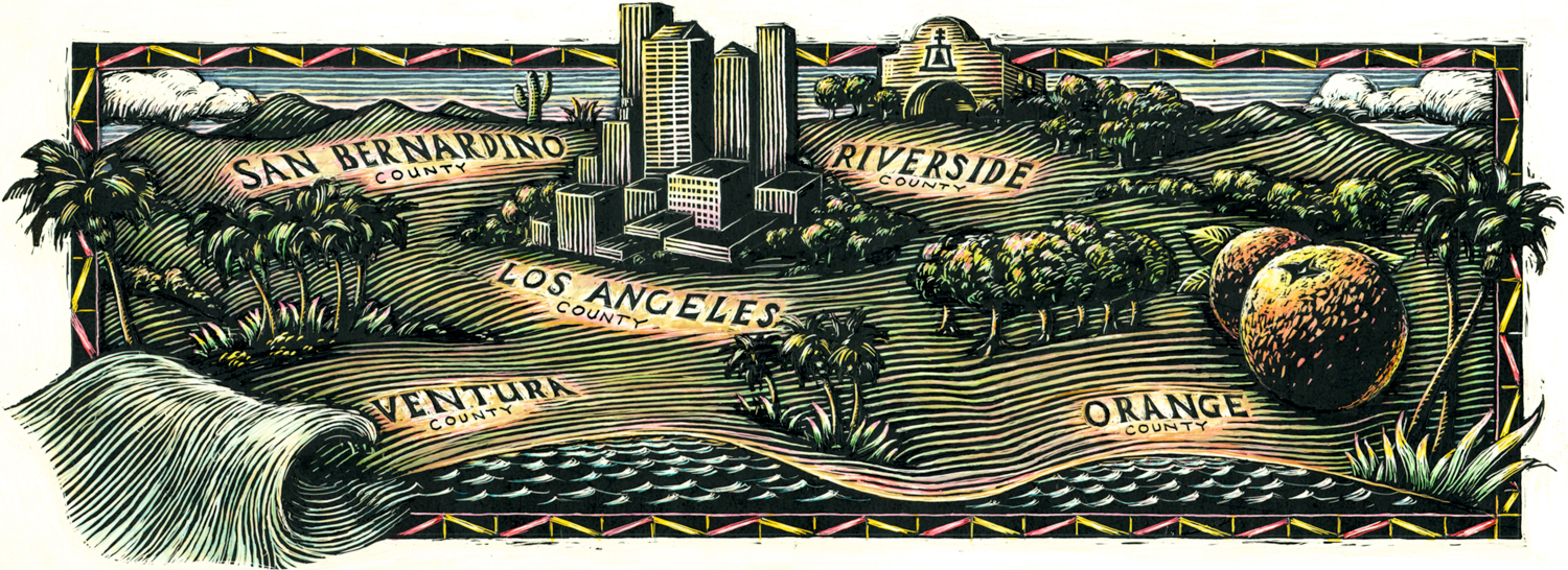 ©Ken Perkins.  Scratchboard and color wash of five-county Los Angeles region with border treatment and  highlights for Southern California Association of Governments.