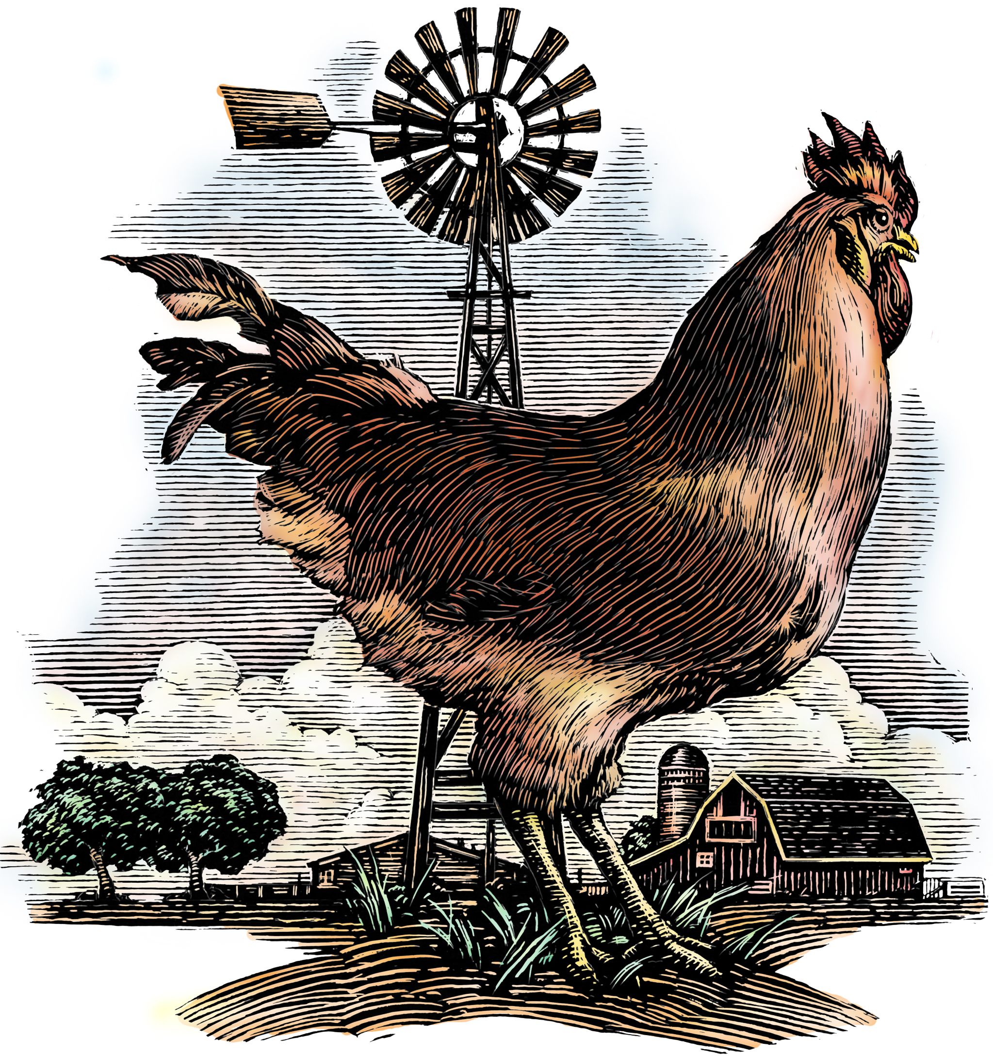 ©Ken Perkins. Scratchboard vignette of rooster, windmill, barn, sky. 