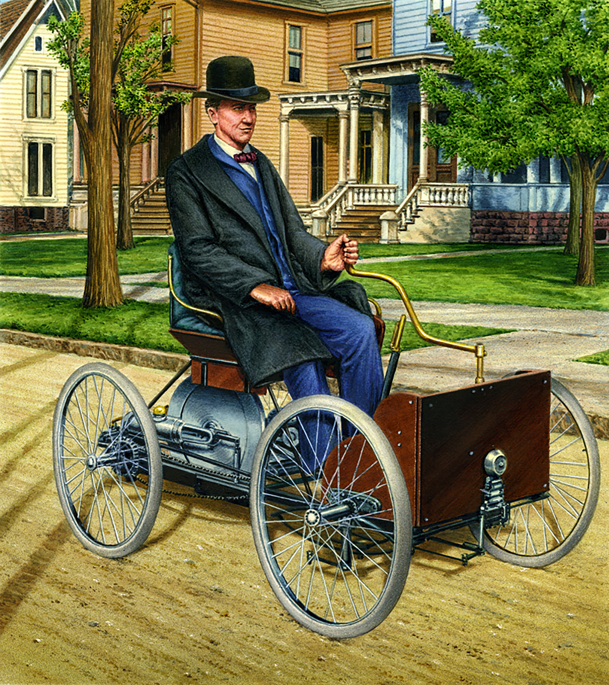 Realistic portrait of automobile pioneer Alfred Duryea in his car in the early 1900's, Springfield, MA; dyes, airbrush and colored pencils; client- PCS, Inc.