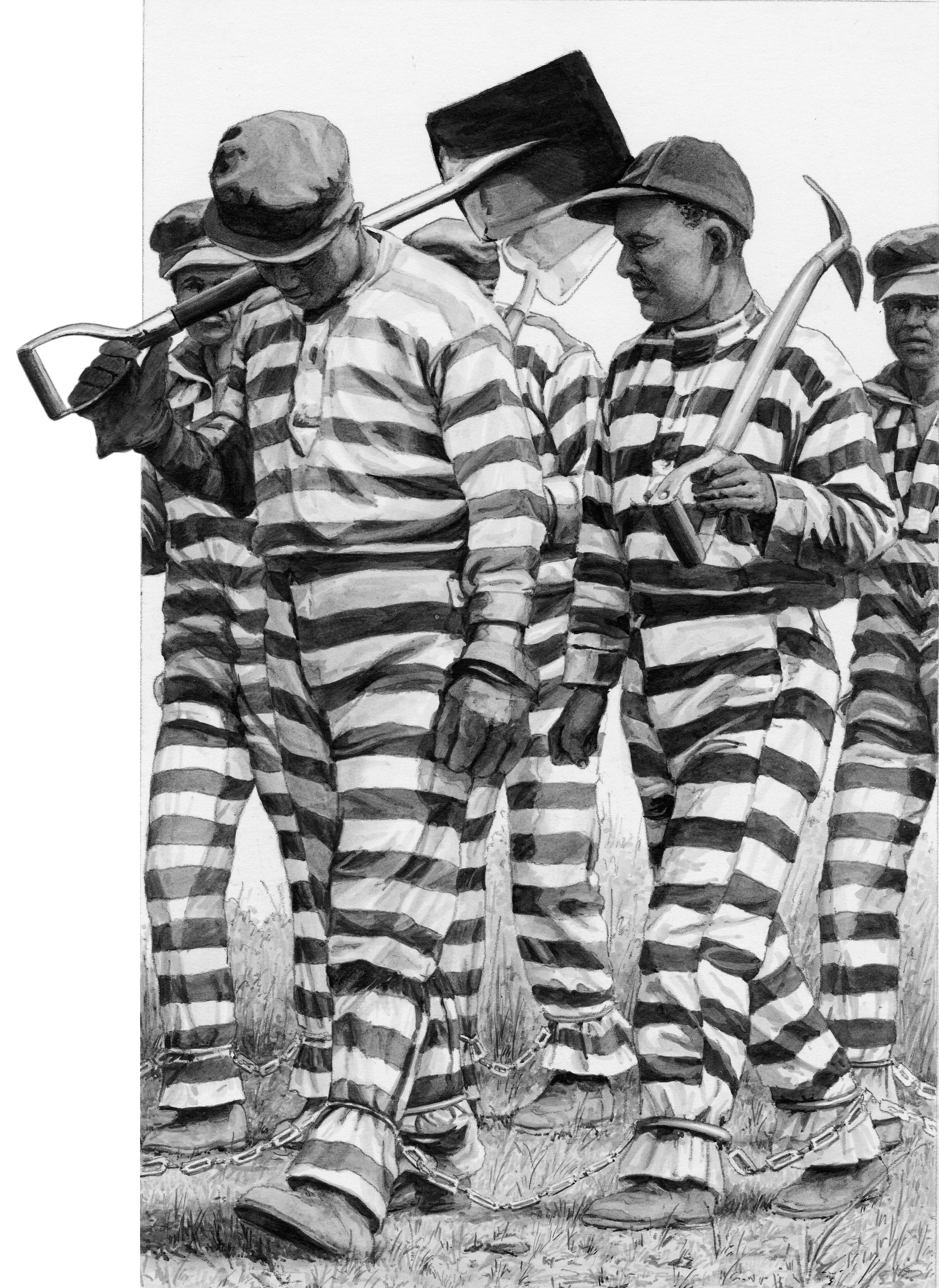 Realistic portrait of African American prisoners in the 1930's Deep South; dyes, colored pencils; client- Silver Burdett Press biography of A. Philip Randolph