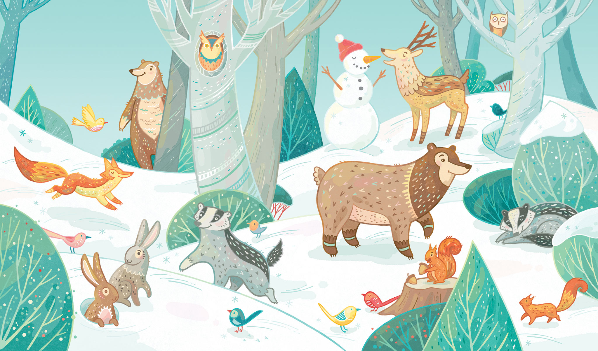 Find-the-animal game for little children's Christmas activity book, featuring a landscape of wintery animals to find.