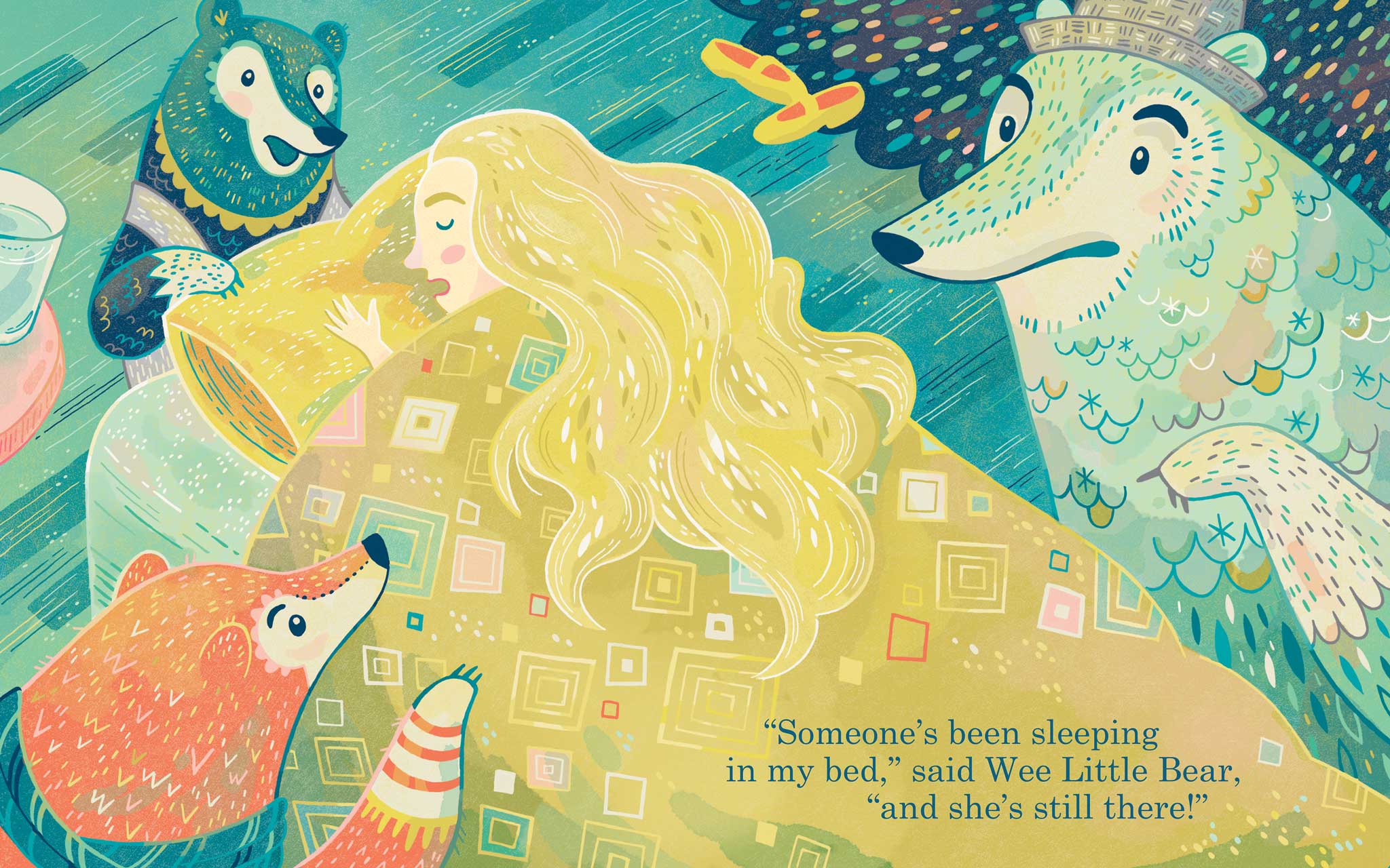 Children's book illustration for Goldilocks and the Three Bears, showing the bears discovering Goldilocks asleep.