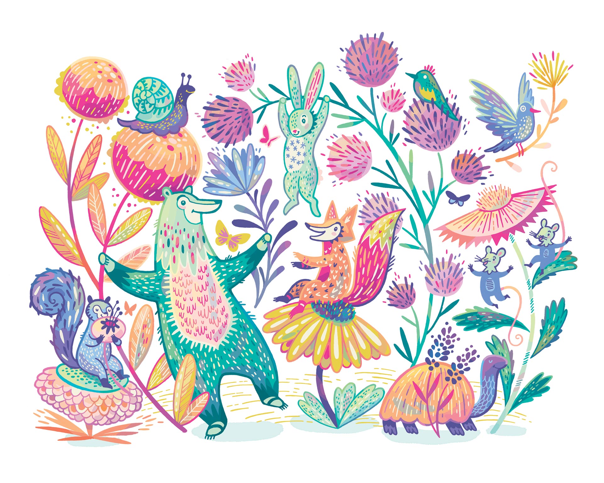 Colorful animals celebrate the springtime with big fun flowers!