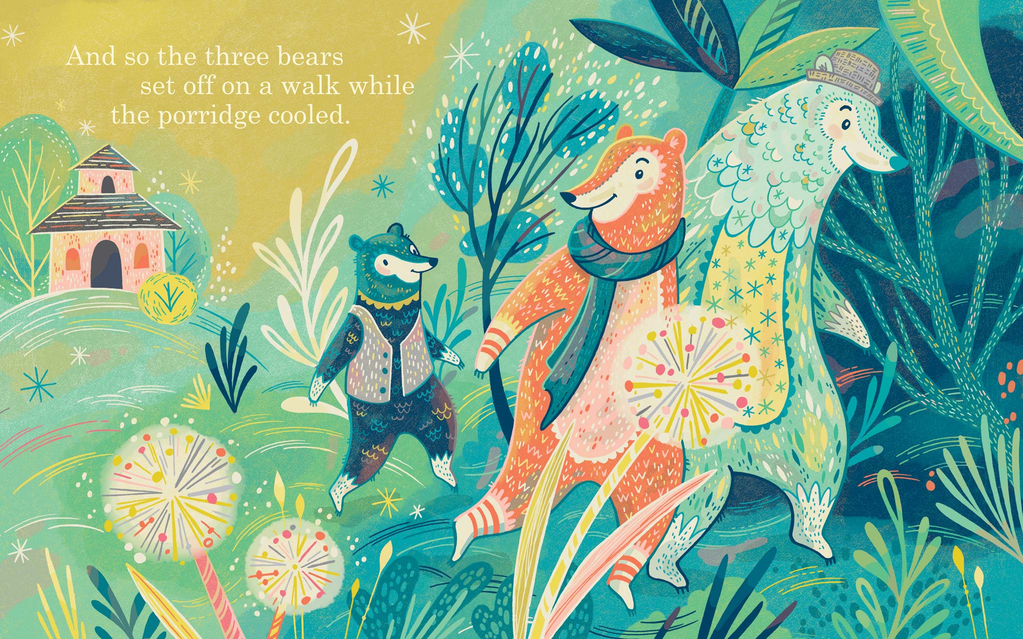 Children's illustration for Goldilocks and the Three Bears, showing the three bears going for a walk in the woods.