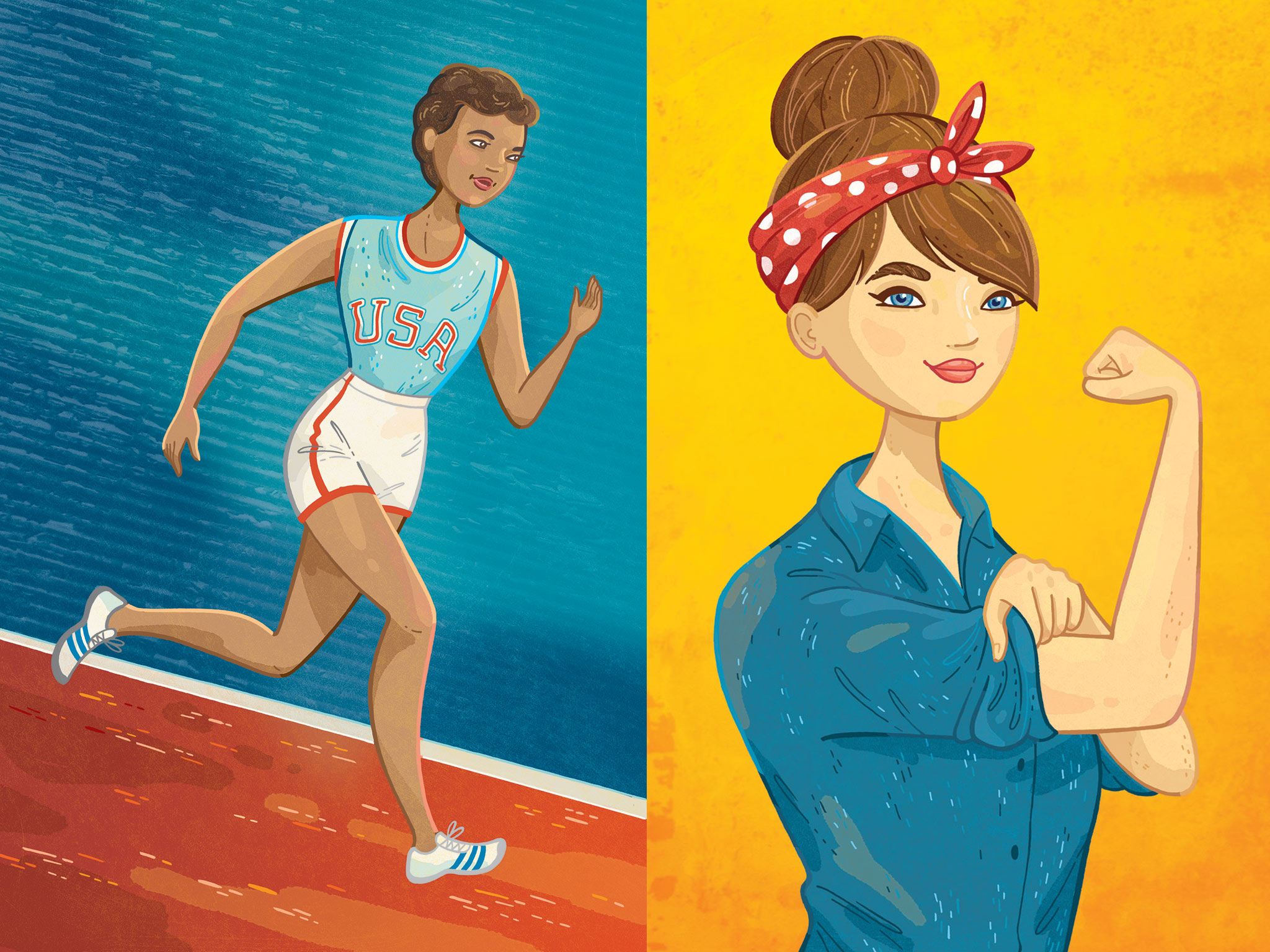 Portraits of Olympian Wilma Rudolph and Rosie the Riveter imagined as teens, for Grace & Grit, subscription esteem-building boxes for pre-teen girls. Keywords: women, teens, history, inspirational, olympics, sports, track & field, World War II