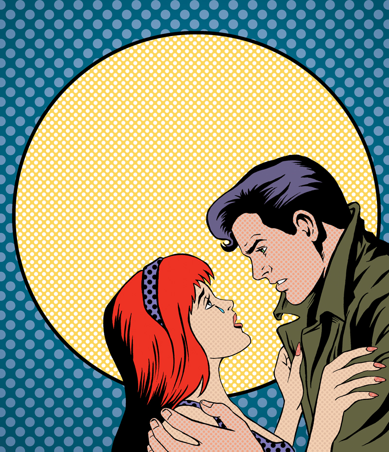 Pop art illustration of a romance coming to an end. moon light night man woman polka dots jacket ending love 