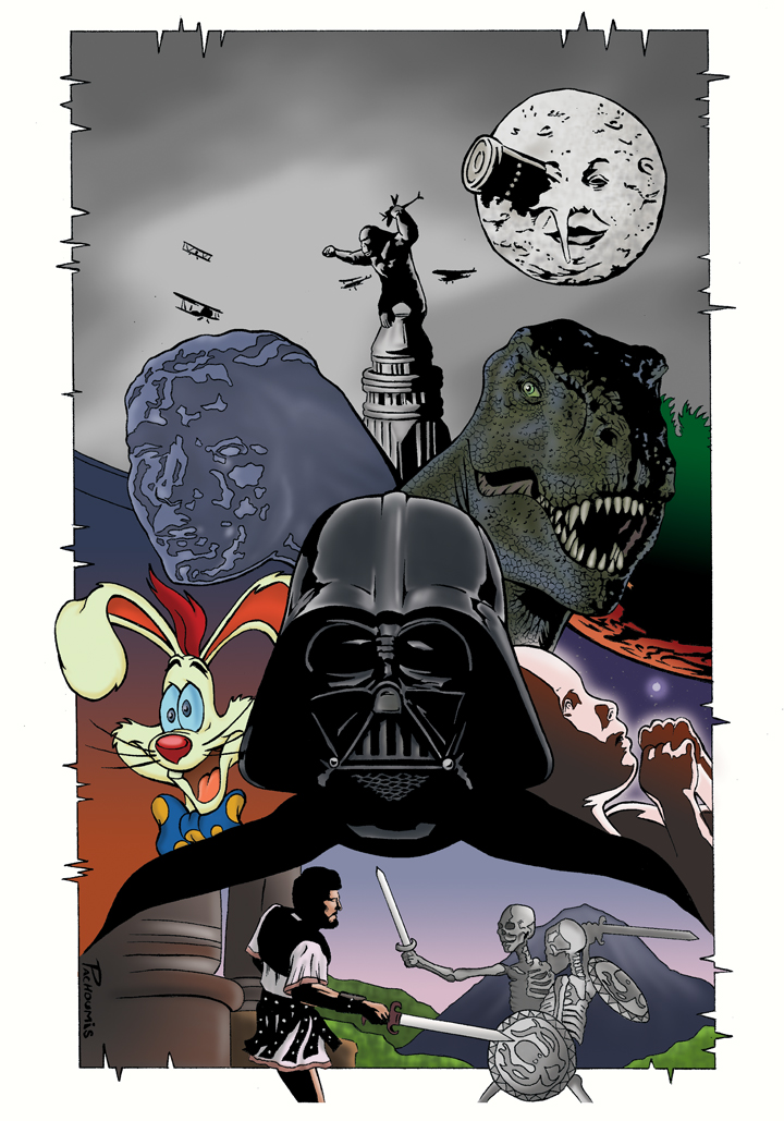 Illustration featuring the films that made the largest steps forward in movie making technology. 