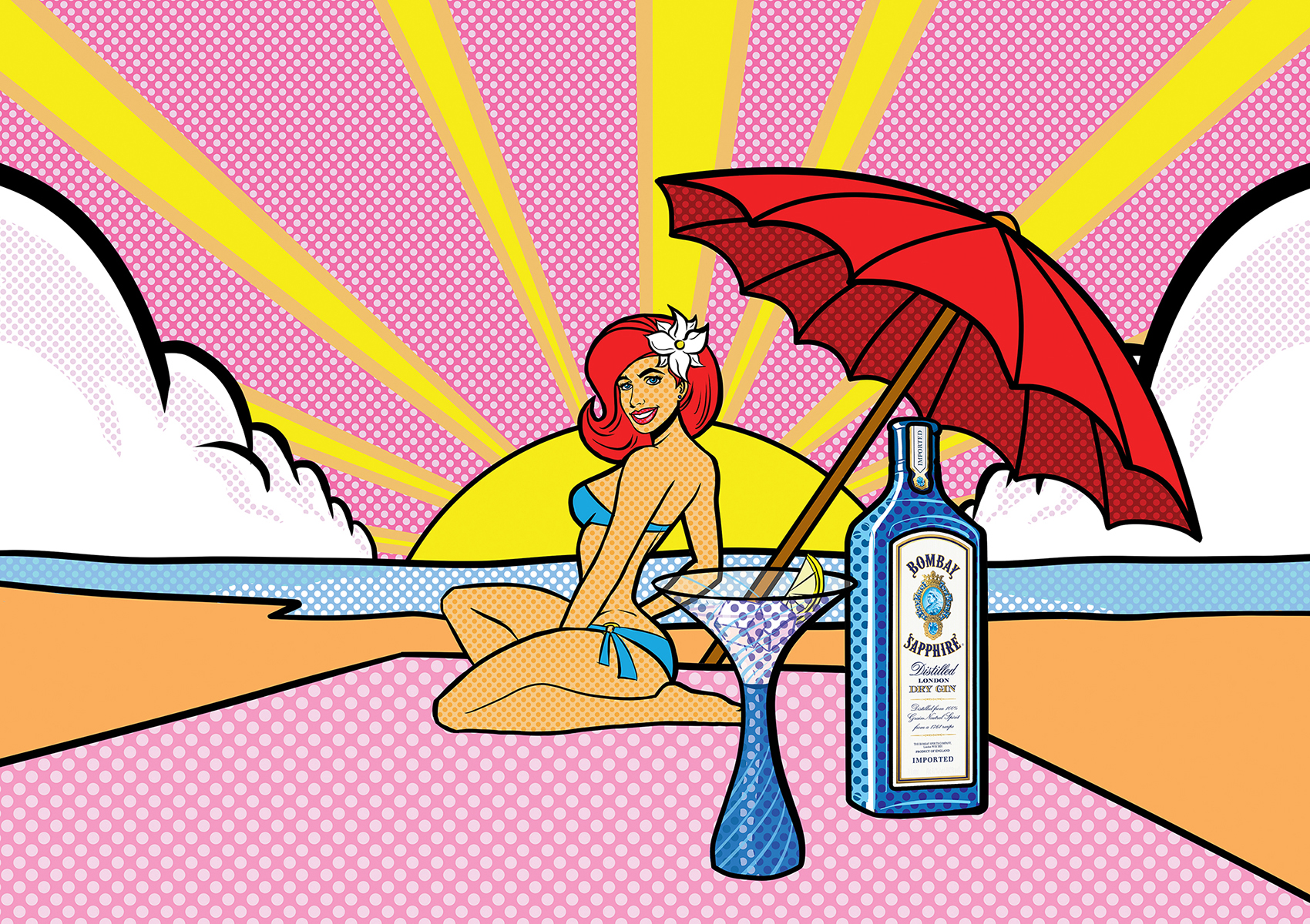 POP Art illustration of a red head beach bombshell enjoying Bombay Sapphire Gin during a sunset. pop art style illustration with a modern twist.