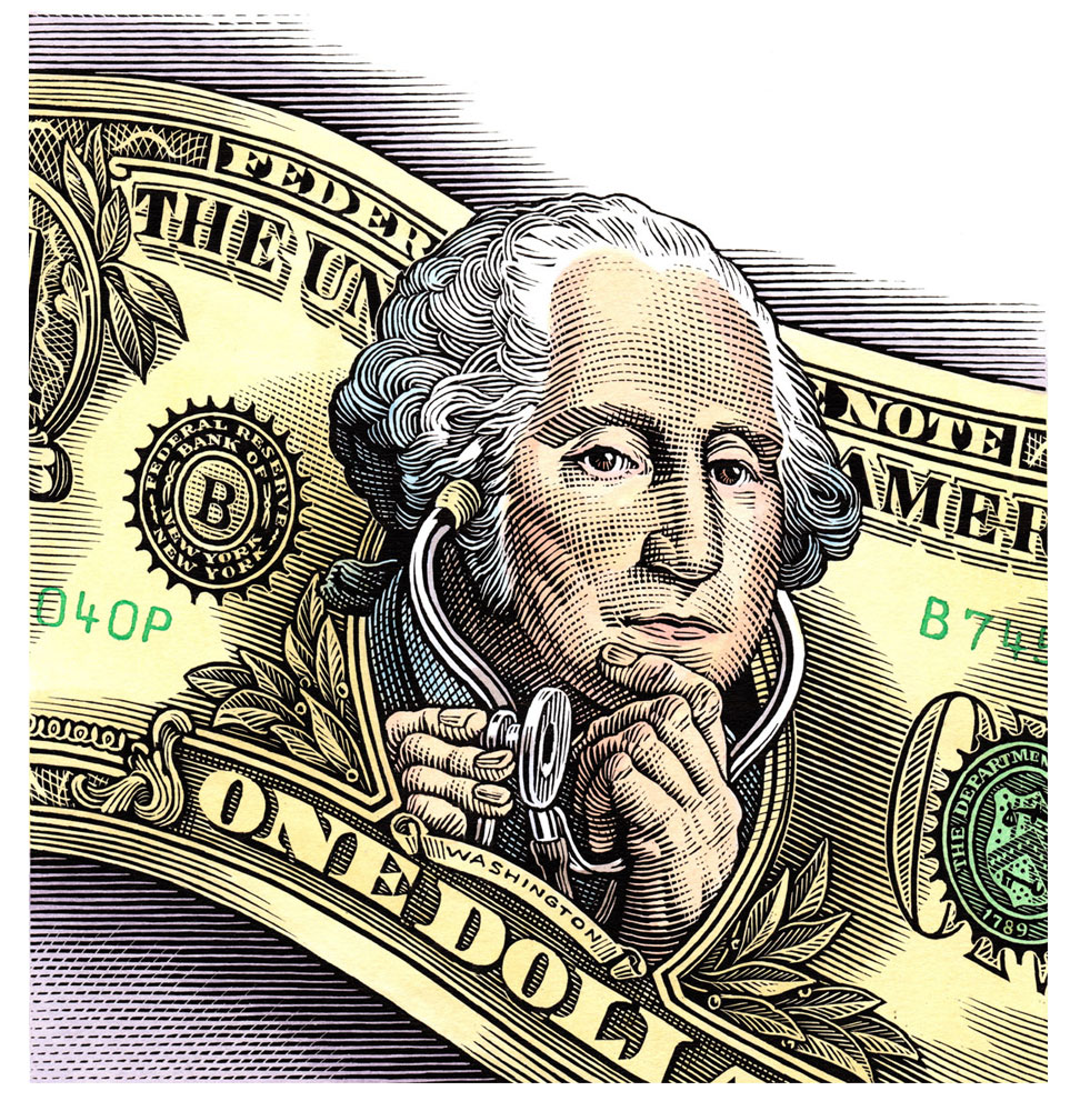 bill sanderson, scratchboard, portrait, george washington, one dollar, dollar bill, dollar, stethoscope, doctor,