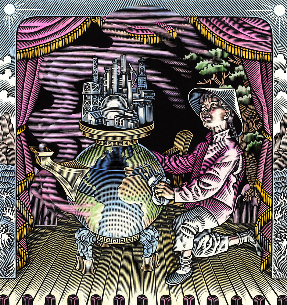 bill sanderson, scratchboard, globe, stage, energy, power, asian, 