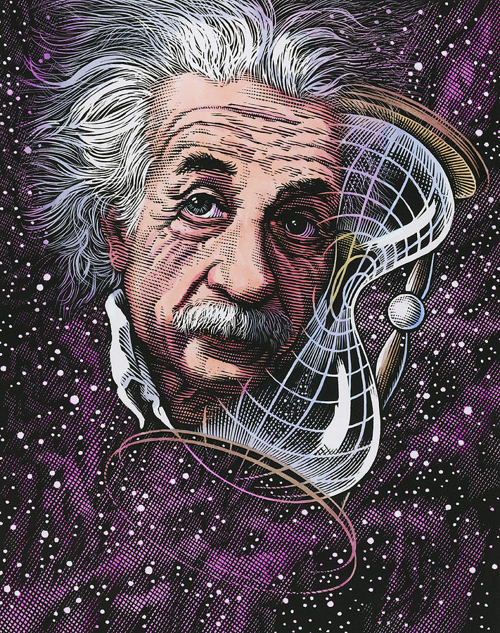 bill sanderson, scratchboard, portrait, einstein, albert Einstein, physics, science, space, 