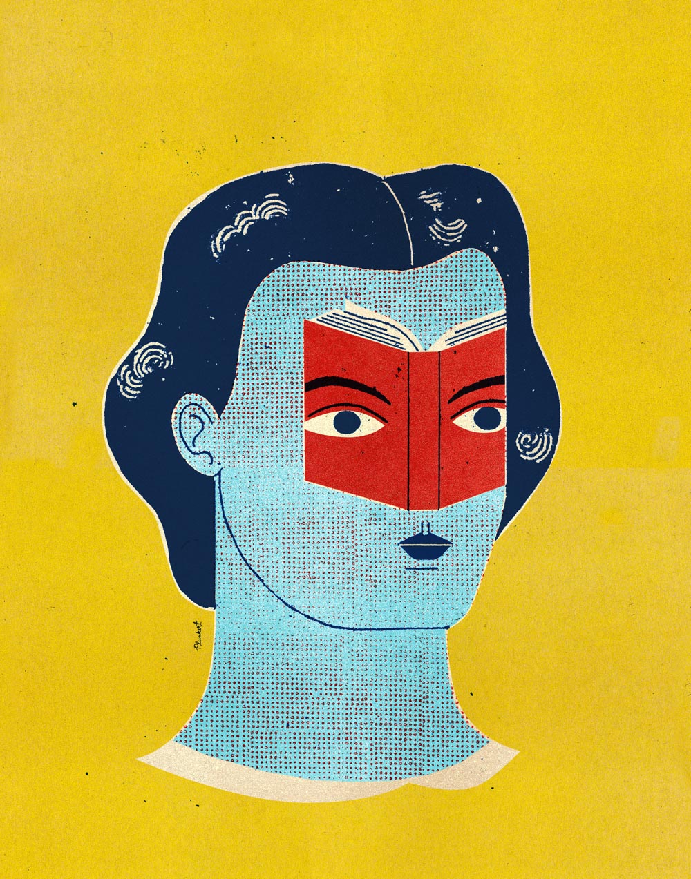 Editorial conceptual illustration of woman with superhero mask made of a book. "Reading Writers Reading" for The Chronicle of Higher Education