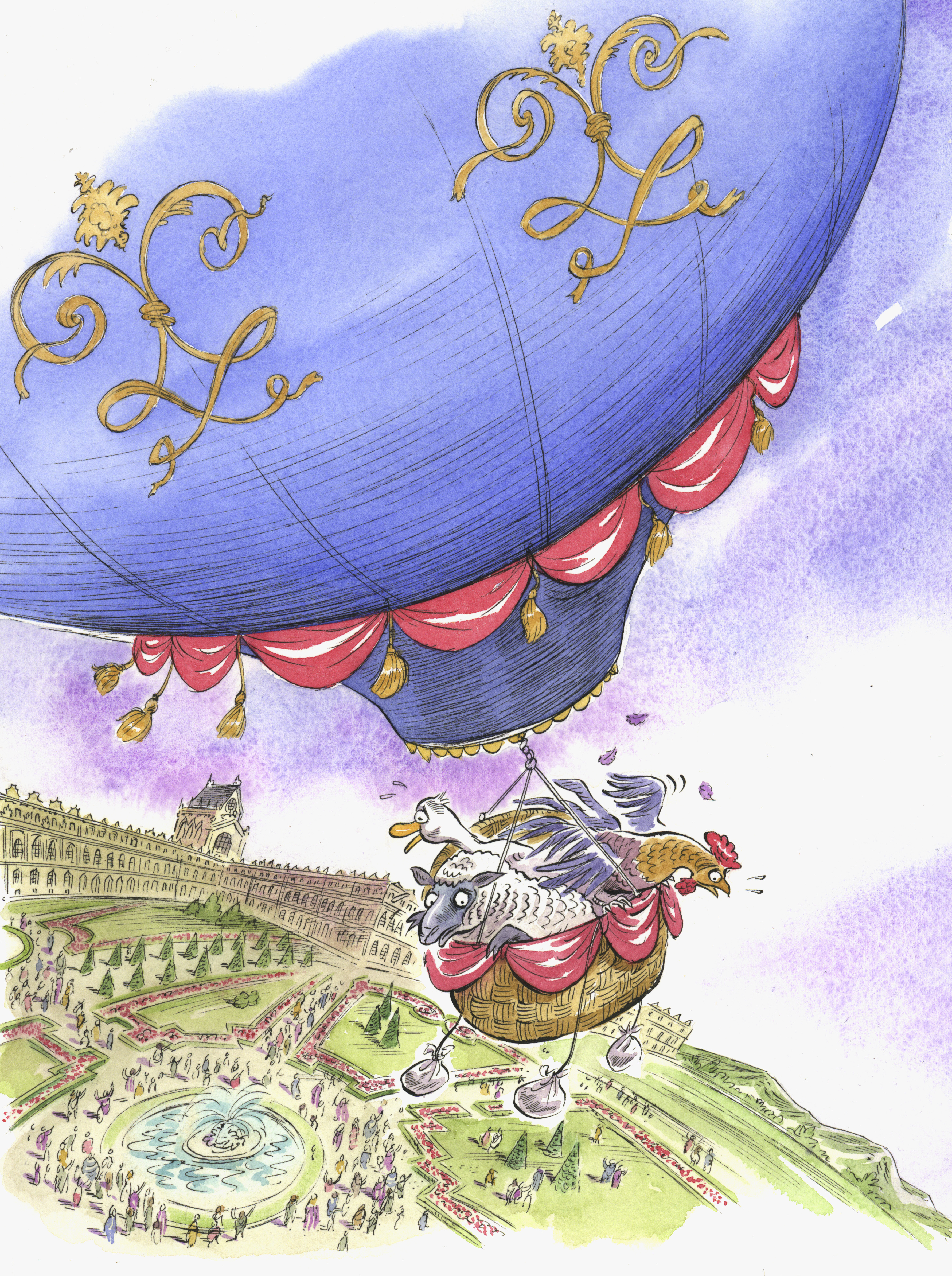 From my children's book, "Goldfish in the Chandelier". Animals were first sent up in Montgolfier's hot-air balloon experiment.