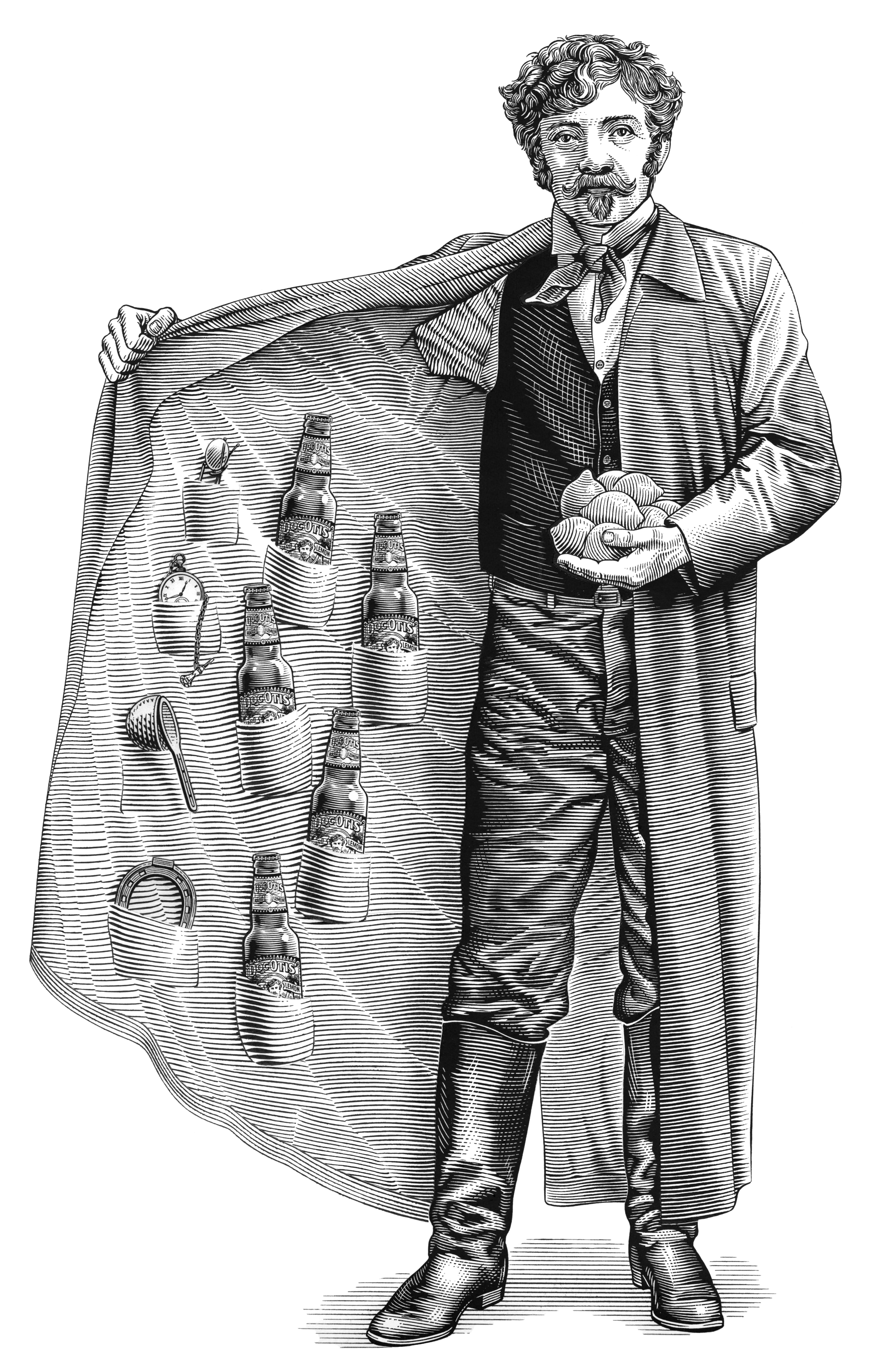 19th century man in long coat with hard cider bottles, B&W