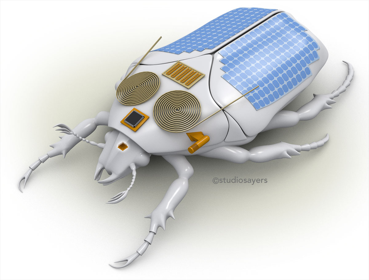 Promotional image illustrating experimental electricity-gathering technologies being deployed on insects.