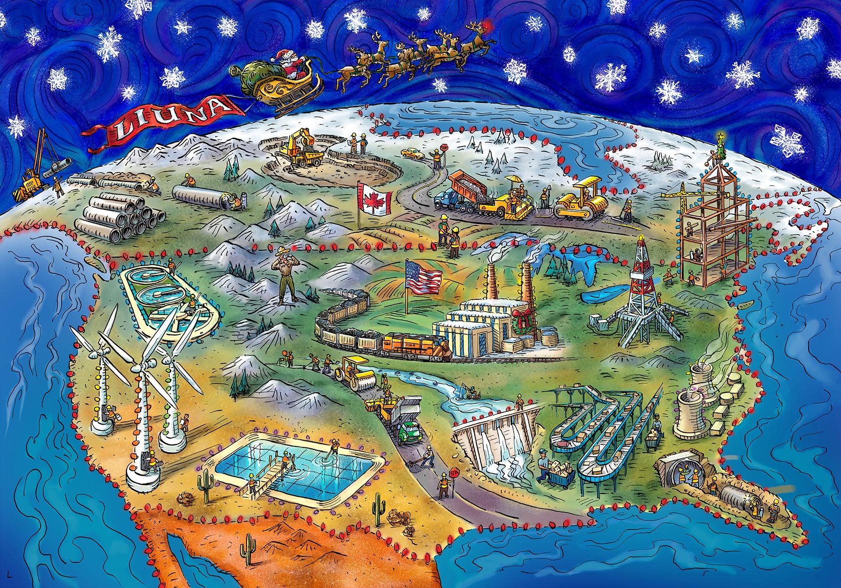 A stylized digital map of the US featuring energy related landmarks

