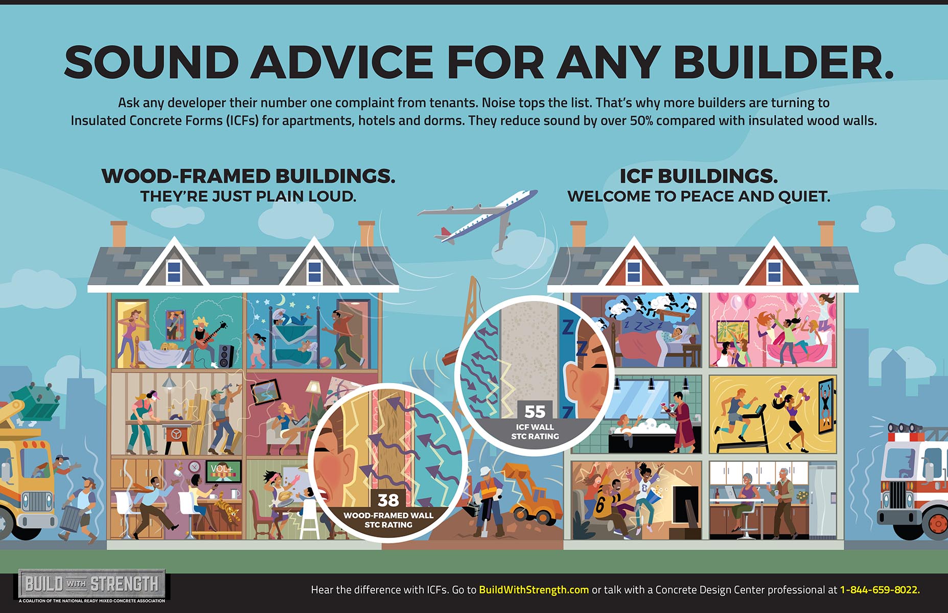 Cutaway Infographic digital illustration comparing two kinds of buidlings