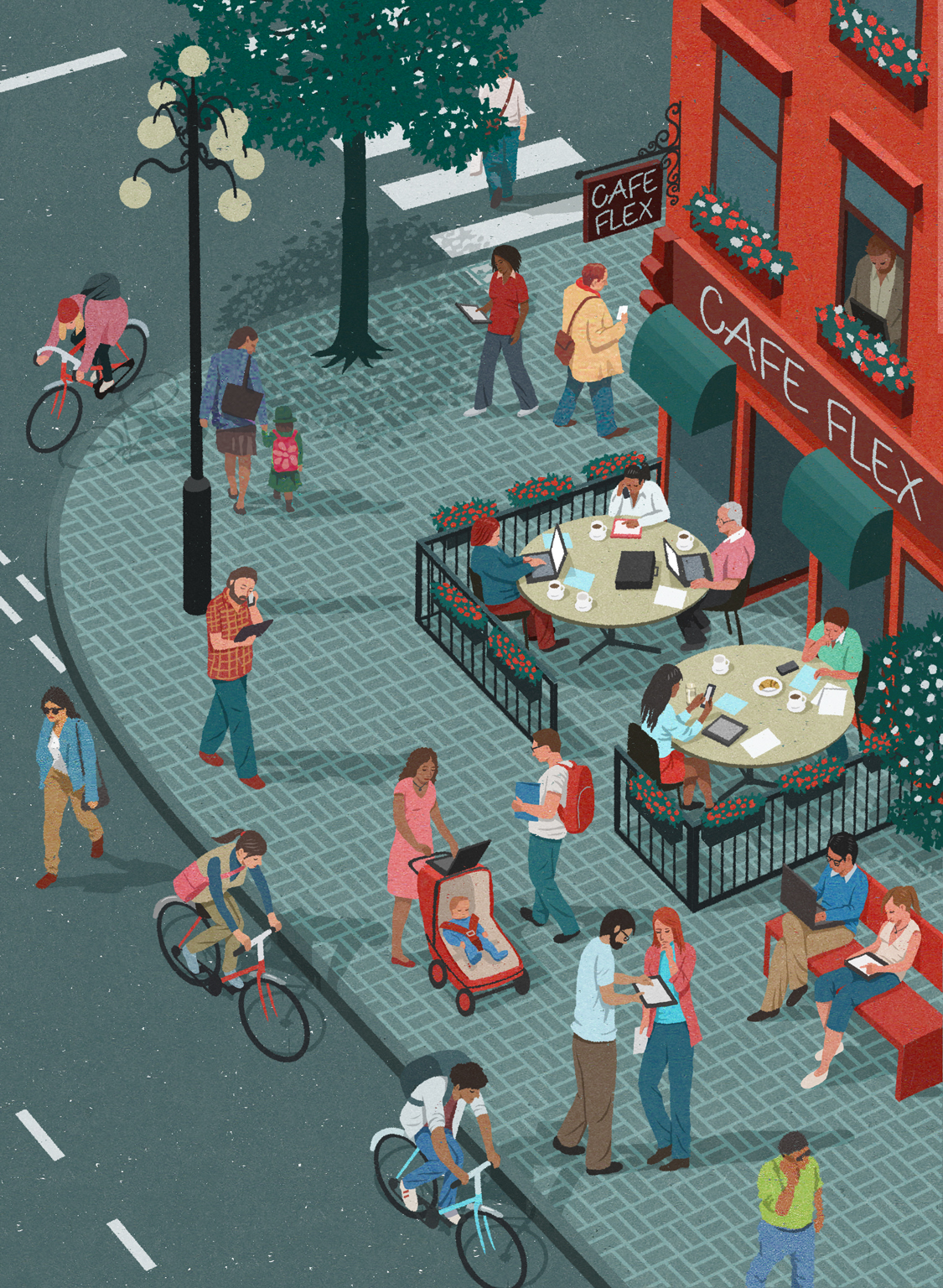 Editorial illustration of busy city centre with people working at the cafe and commuting.