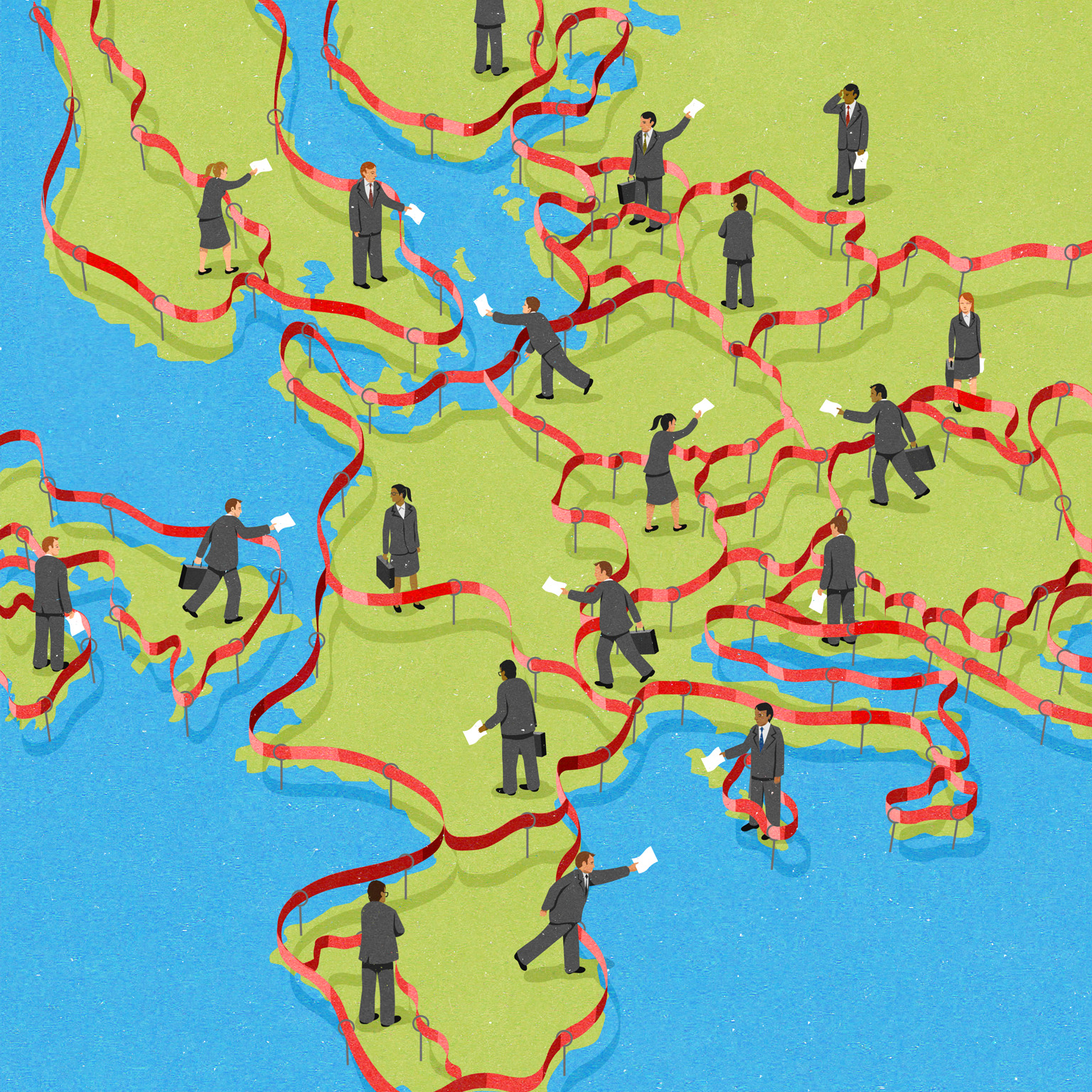 Conceptual Editorial illustration
showing business people conducting business through red tape, suggesting bureaucracy in Europe.