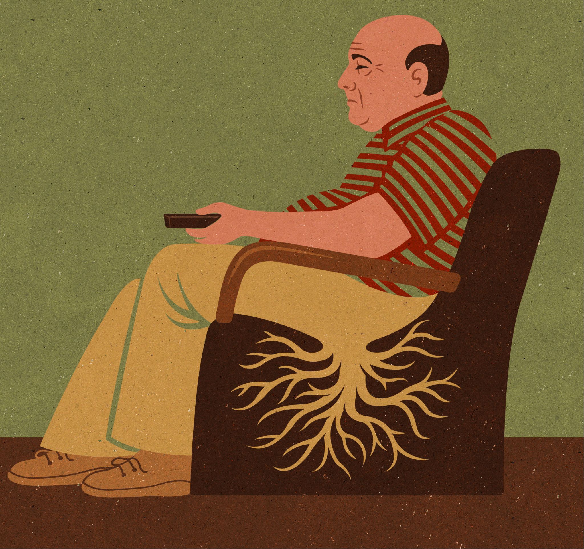Editorial and conceptual illustration of a man rooted to his chair to suggest being lazy.
