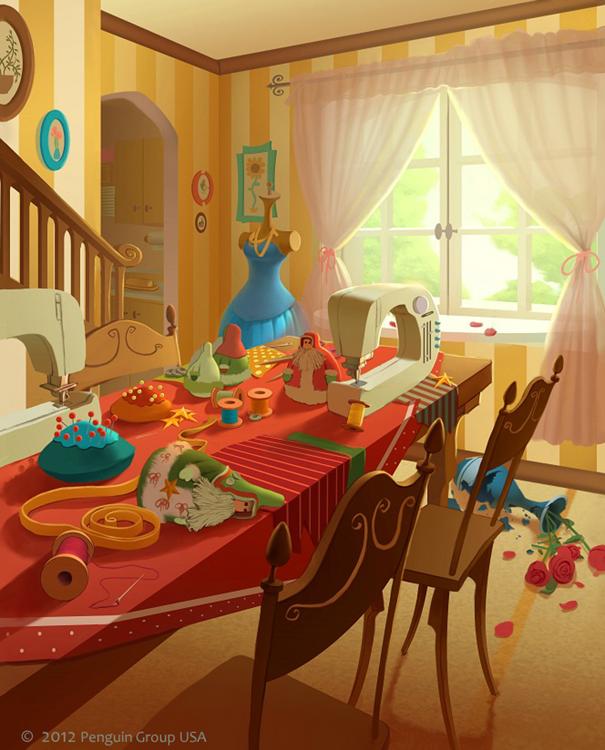 A warm storybook-style illustration of a cozy sewing room filled with fabric, thread, sewing tools, a dress form, and soft sunlight coming through the window.