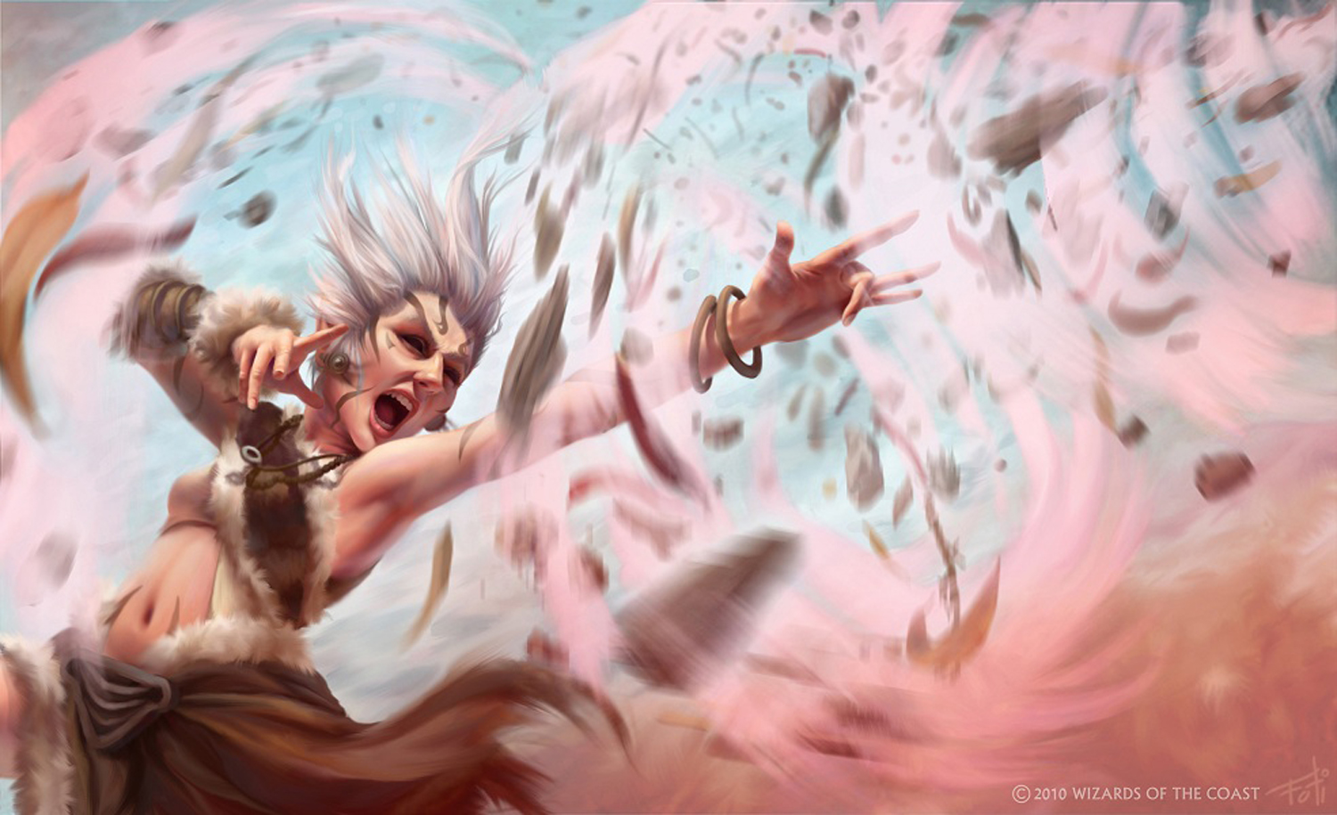A dynamic fantasy illustration of a wild-haired magic caster summoning a swirling storm of feathers and pastel energy, with dramatic motion, expressive character design, and a powerful spellcasting atmosphere.