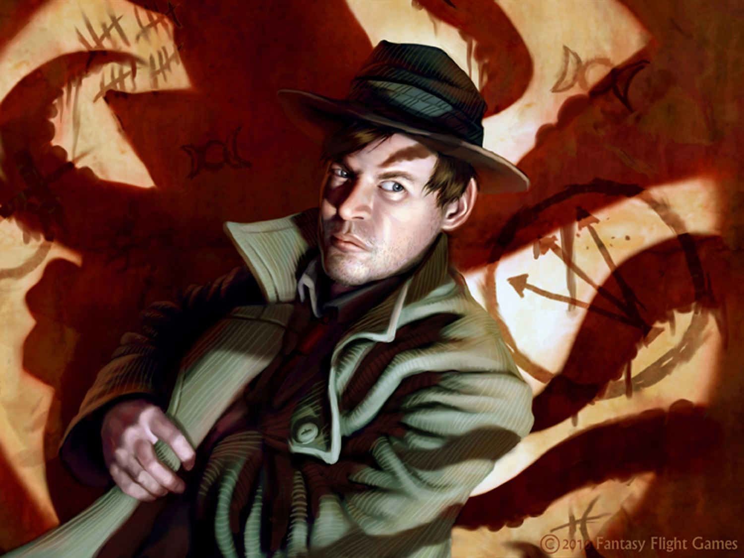 A dark fantasy noir illustration of a mysterious detective in a trench coat and fedora, standing against ominous red occult shadows, cryptic markings, and dramatic supernatural lighting.