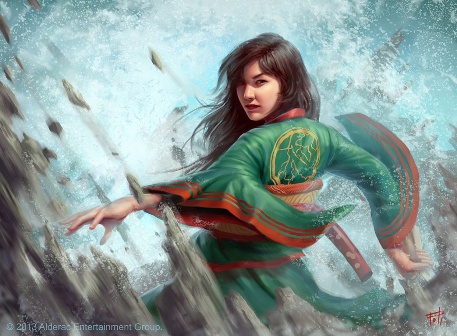 A dynamic fantasy illustration of a graceful female warrior in a green robe moving through crashing water, with flowing hair, dramatic motion, splashing waves, and elegant martial arts energy.