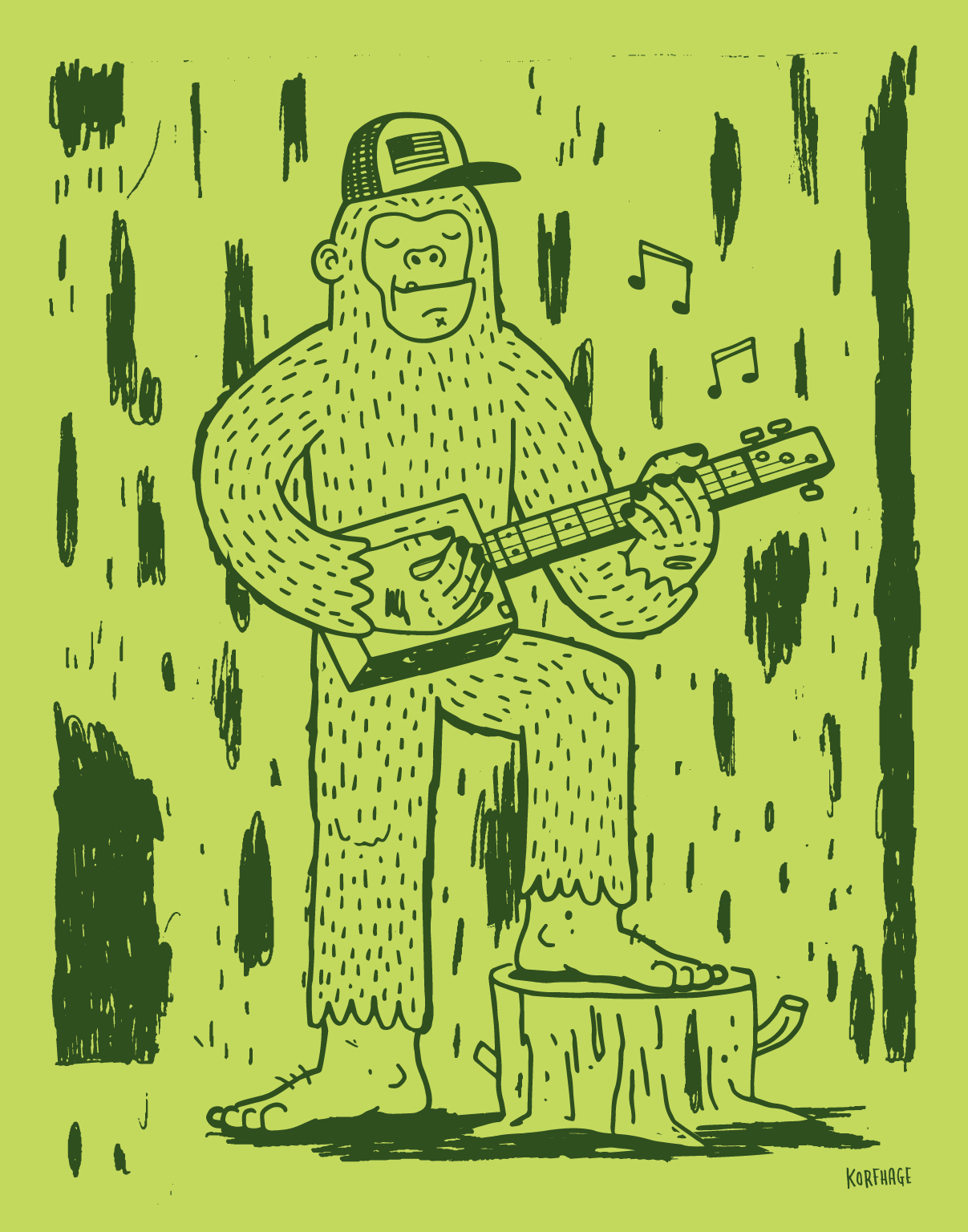 Bigfoot plays a cigar box guitar somewhere in the Georgia Pines. Work created for a Halloween themed art show.