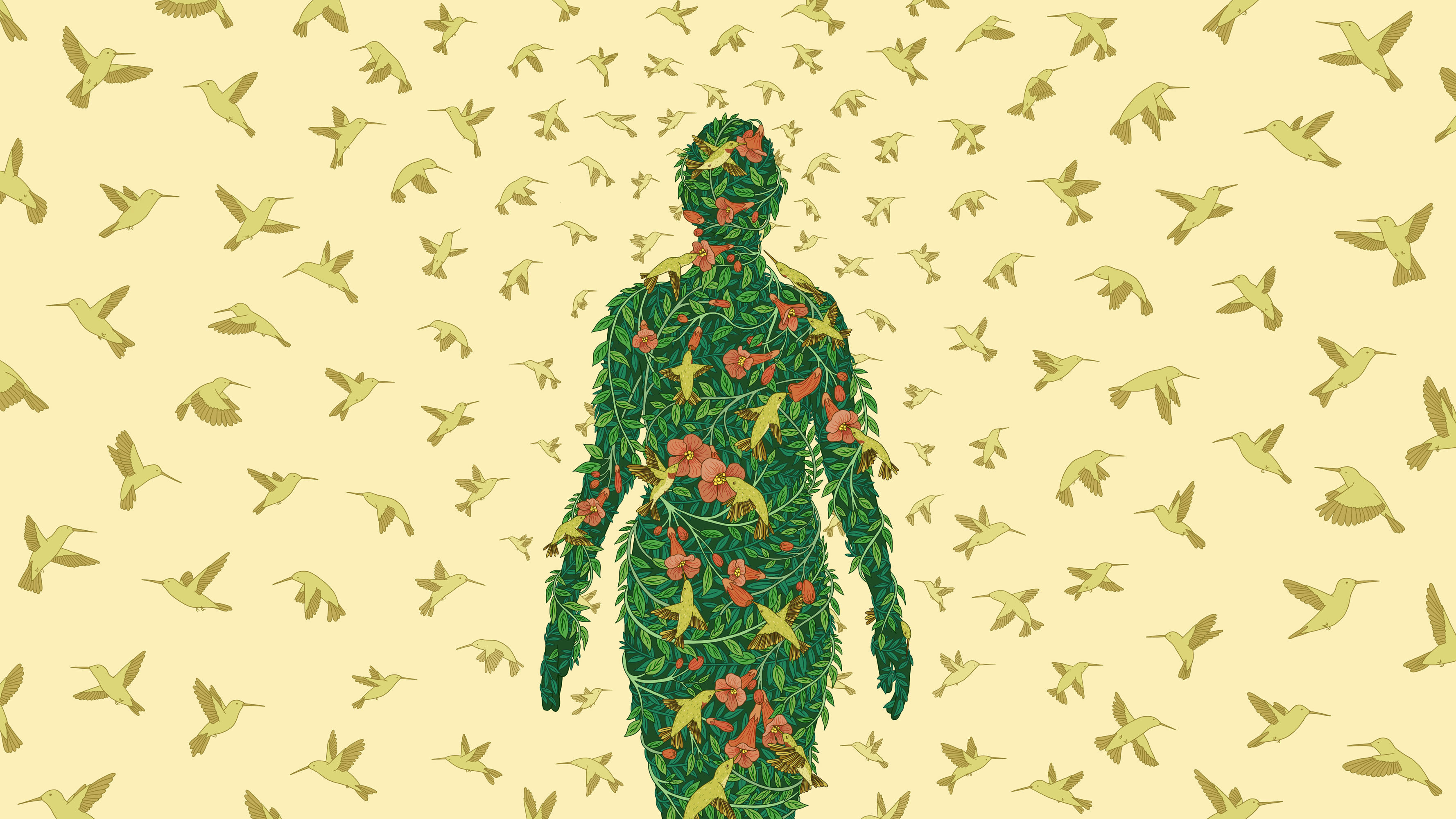 Silhouette covered in trumpet vines and surrounded by Ruby-throated Hummingbirds. For Audubon Magazine.