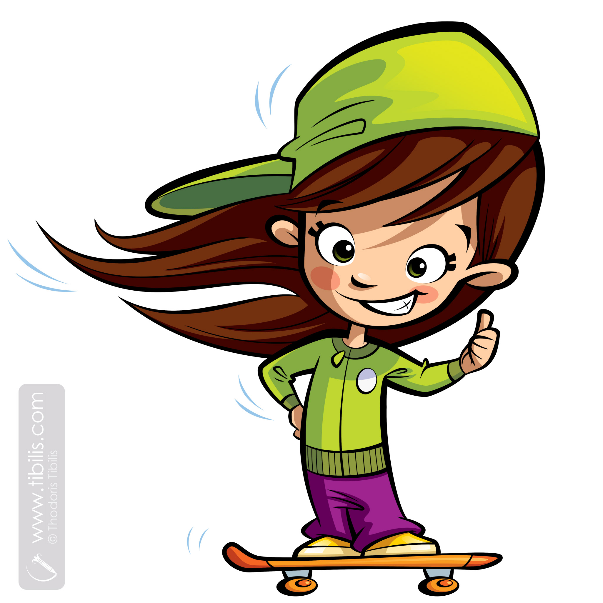 Cartoon mascot girl character skating. Vector illustration with black outlines