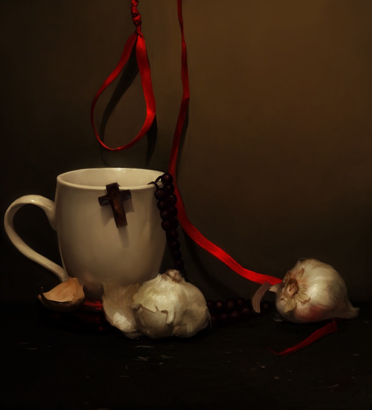garlic, cup, cross, christian, ribbon, still life, 