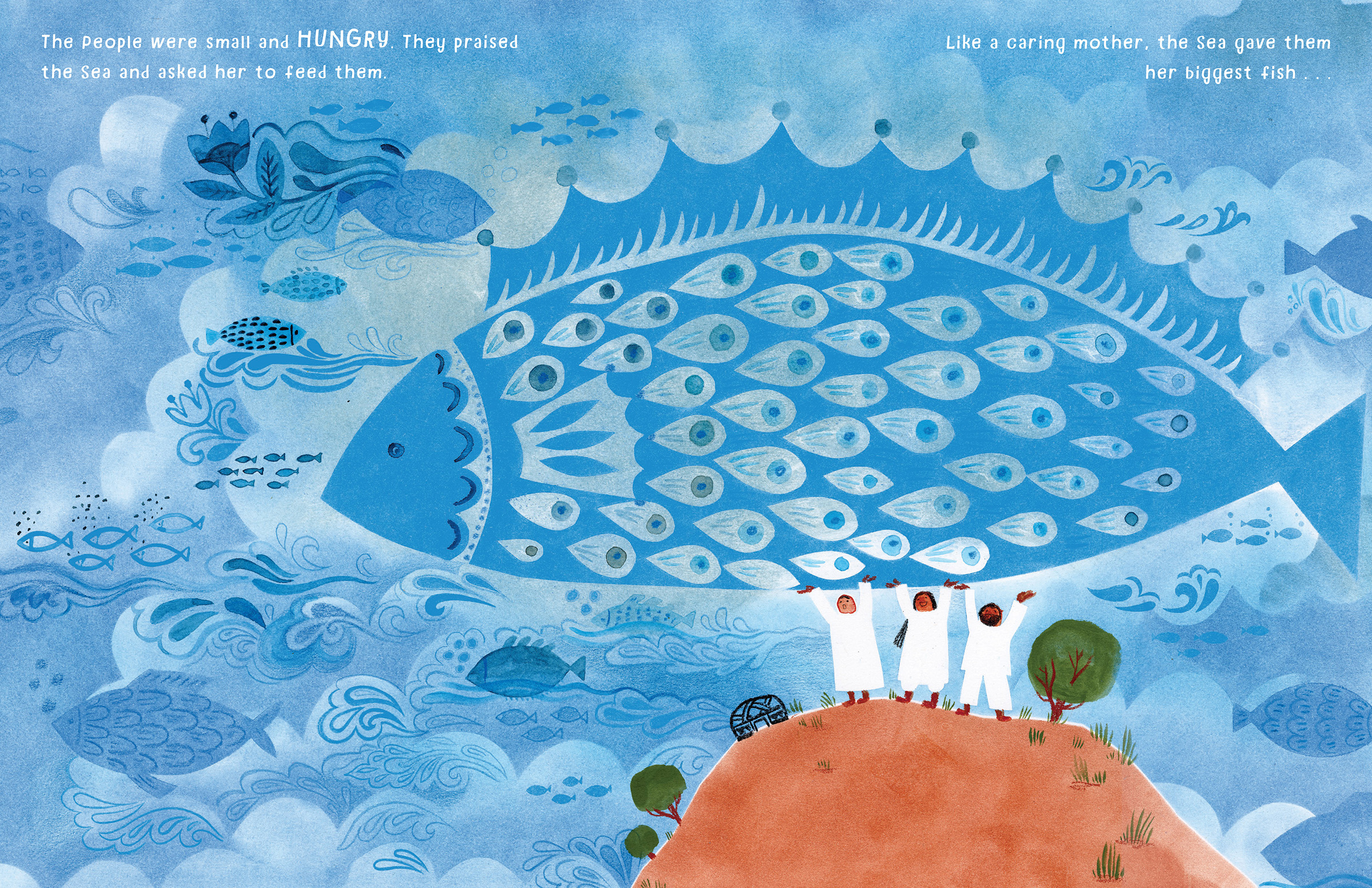 A scene set in ancient times showing happy villagers beside a plentiful sea, holding a giant fish in the air. Created for the children's picture book, 'The Vanishing Sea: The Tale of How the Aral Sea Became the Aral Desert’ written and illustrated by folk artist Dinara Mirtalipova, published by Chronicle Books on Feb. 3, 2026.