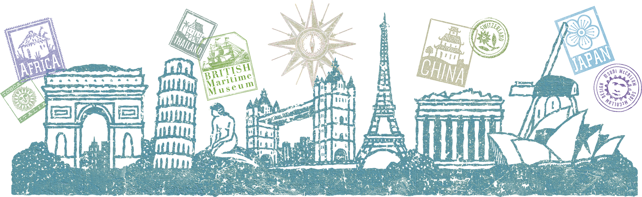 International travel poster with icons in style of passport stamps and vintage luggage stickers.  International tourist destinations Paris, Rome, Sydney, London etc.